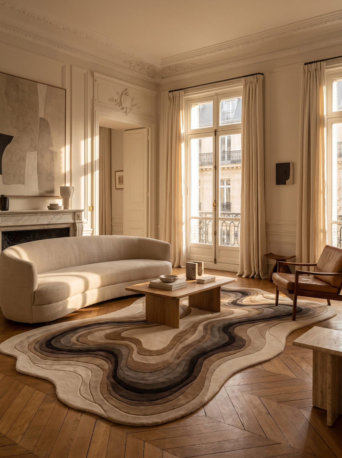 De forme irrégulière, ce tapis en laine sculptée aux bandes ondulantes beiges et brunes s'intègre à un salon haussmannien