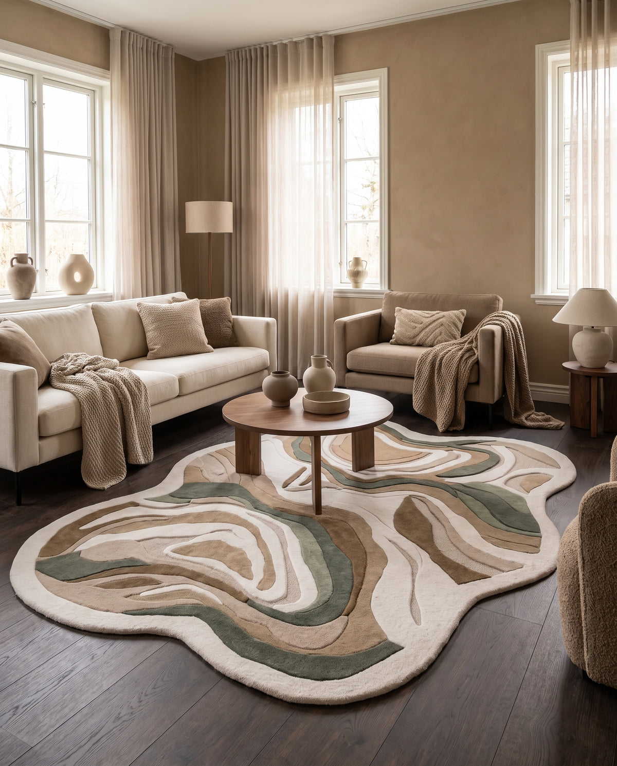 Beige, taupe et vert sauge, ce tapis organique en laine sculptée à la forme irrégulière dans un salon
