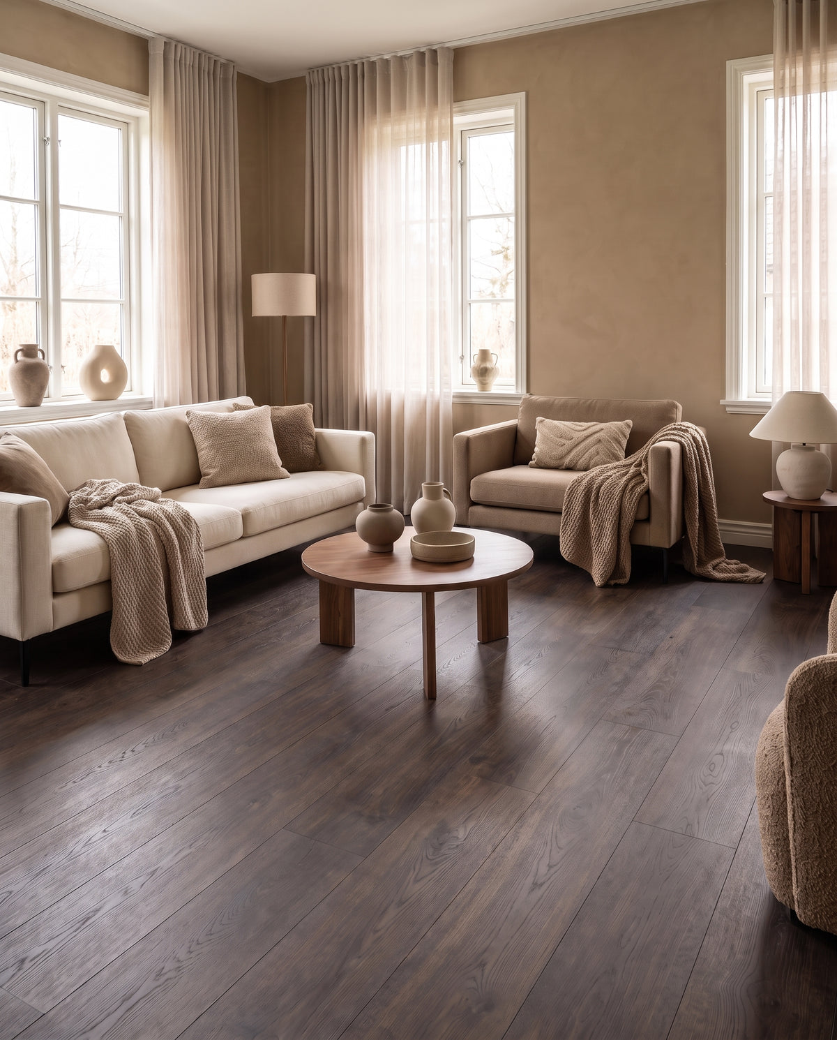 Intérieur aux teintes sable, au sol nu de parquet sombre, avec canapé beige, fauteuils taupe et table basse ronde