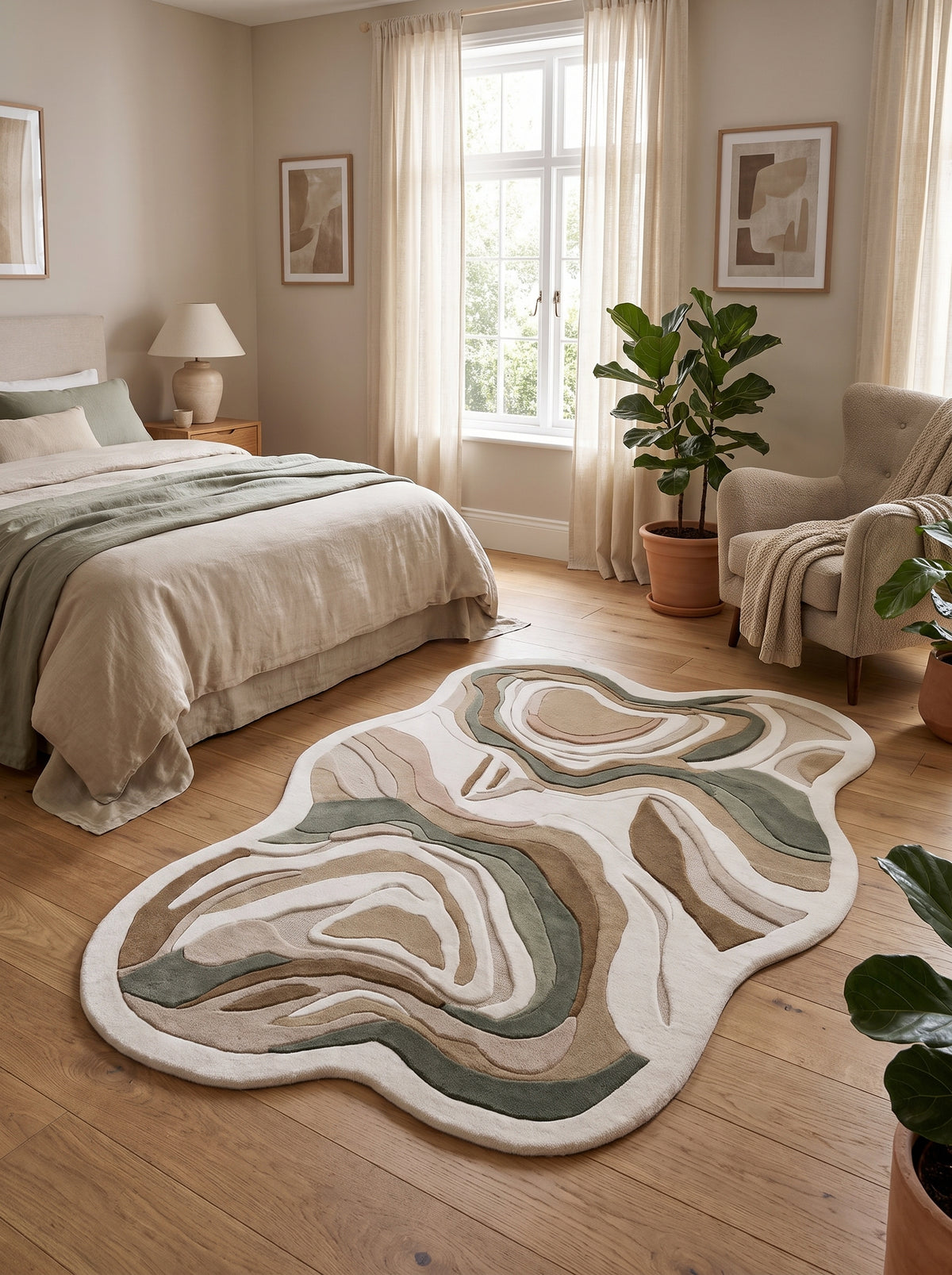 Motif fluide beige, taupe et vert sauge sur ce tapis organique en laine sculptée à la forme irrégulière dans une chambre