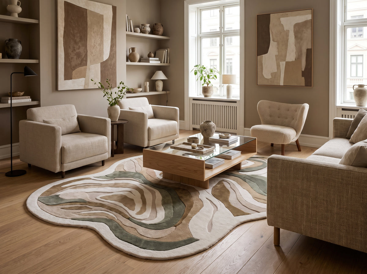 Motifs organiques sculptés de laine beige, taupe et vert sauge sur ce tapis irrégulier dans un salon