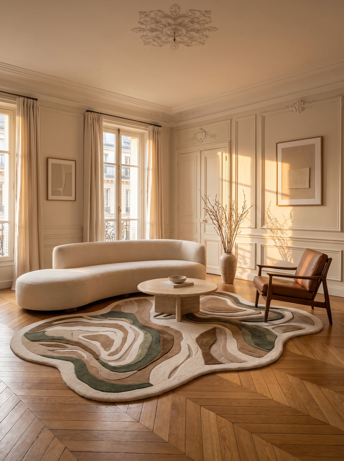 Motifs fluides de laine sculptée beige, taupe et vert sauge, de forme irrégulière, dans un salon haussmannien