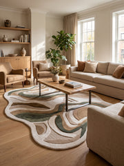 De forme irrégulière, ce tapis en laine présente des motifs organiques sculptés beige, taupe et vert sauge dans un salon