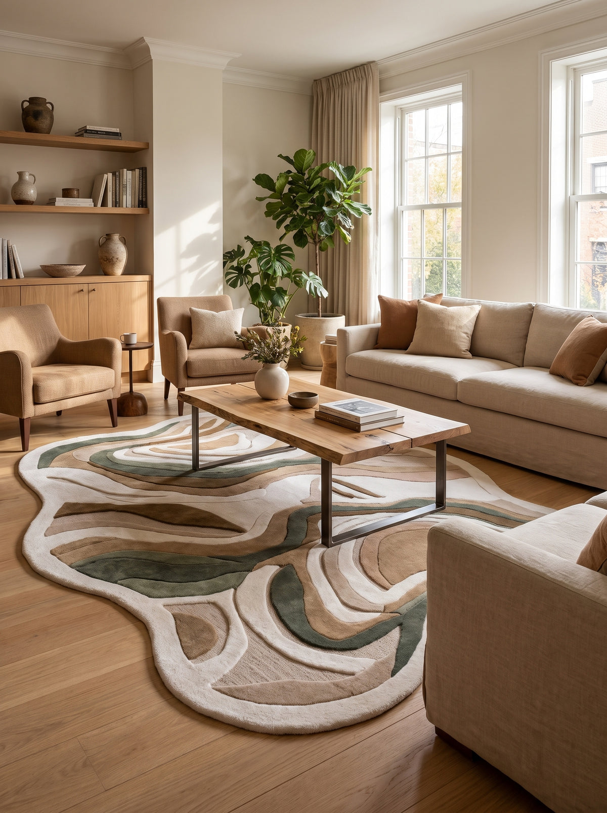 De forme irrégulière, ce tapis en laine présente des motifs organiques sculptés beige, taupe et vert sauge dans un salon