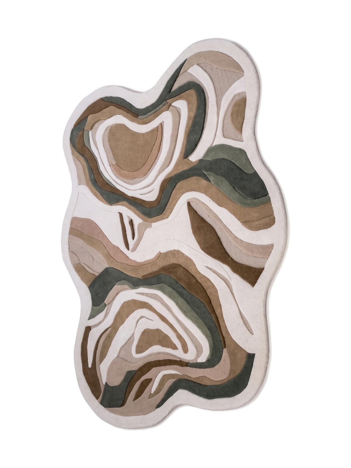 Bandes fluides beige, taupe et vert sauge composent ce tapis de laine sculptée à la forme organique