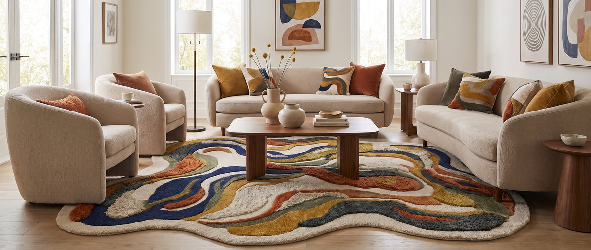 Des bandes sculptées ocre, marine, terracotta et crème animent ce tapis organique en laine et viscose dans un salon clair