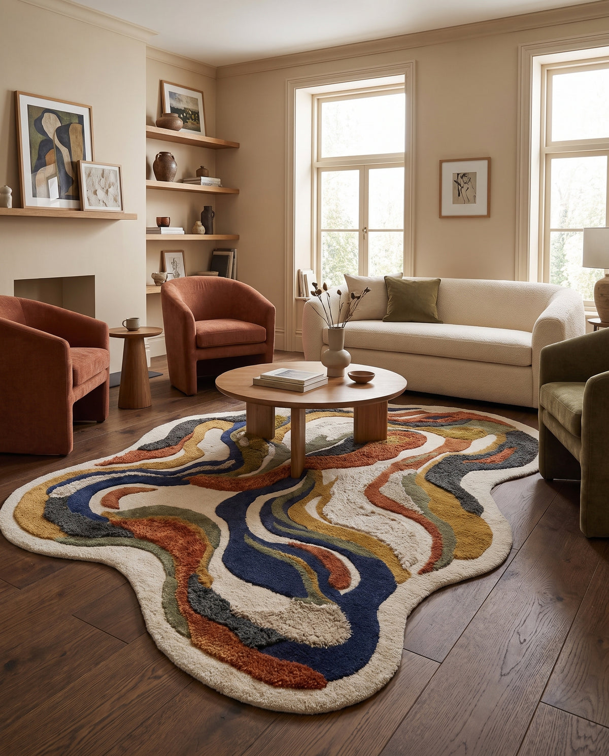 La texture sculptée des bandes sinueuses multicolores crée un tapis organique en laine et viscose dans un salon