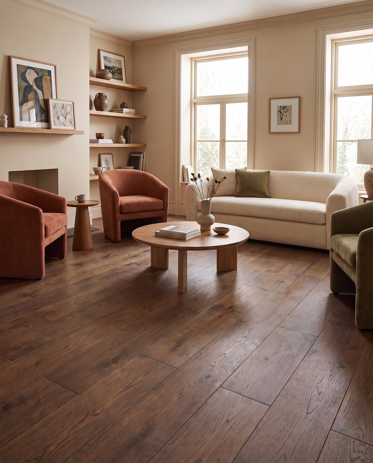Un parquet foncé habille ce salon clair aux murs beiges, avec canapé crème et fauteuils rouille, sol nu sans tapis