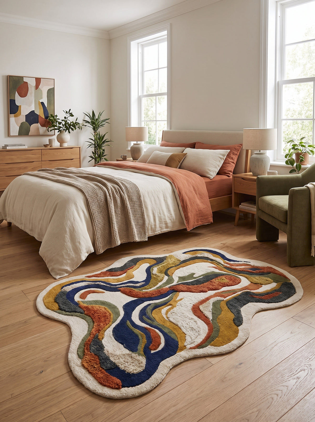 Un motif de bandes sinueuses multicolores et sculptées orne ce tapis irrégulier en laine et viscose, posé dans une chambre