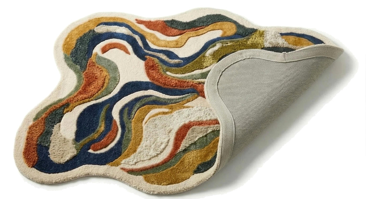 Le dos clair et la tranche épaisse d'un tapis sculpté en laine et viscose, aux motifs ocre, marine et terracotta