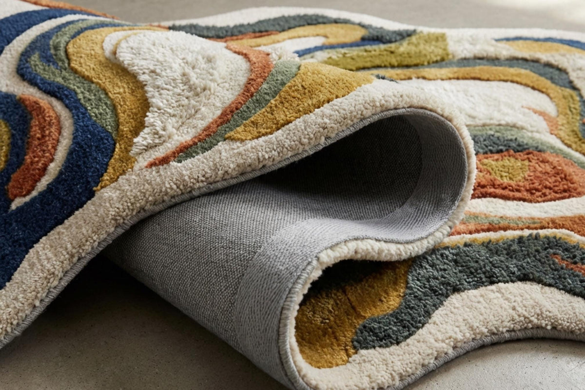 Pli d'un tapis en laine et viscose à poils longs ivoire et vagues ocre, marine et terracotta, avec son envers gris