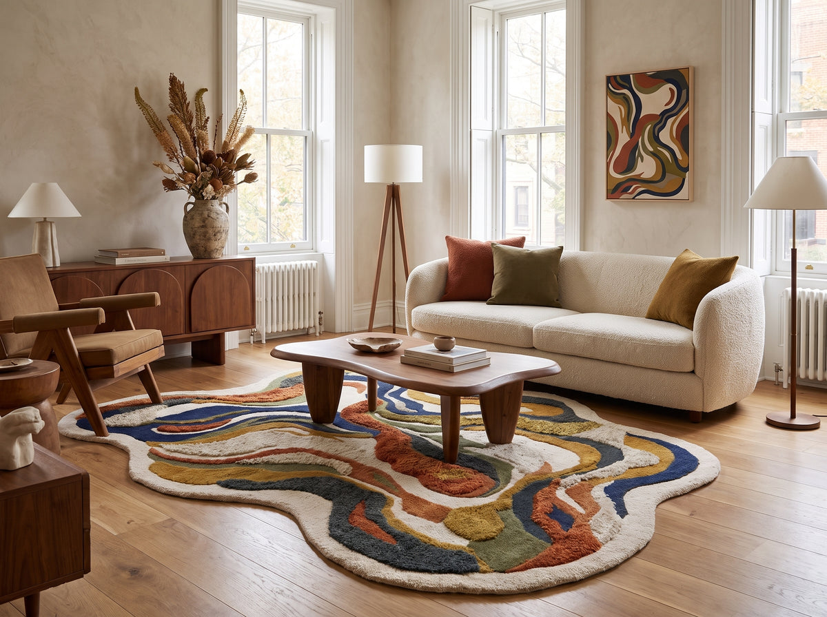 Des motifs organiques sculptés en laine et viscose, ocre, marine et terracotta, animent ce tapis irrégulier dans un salon