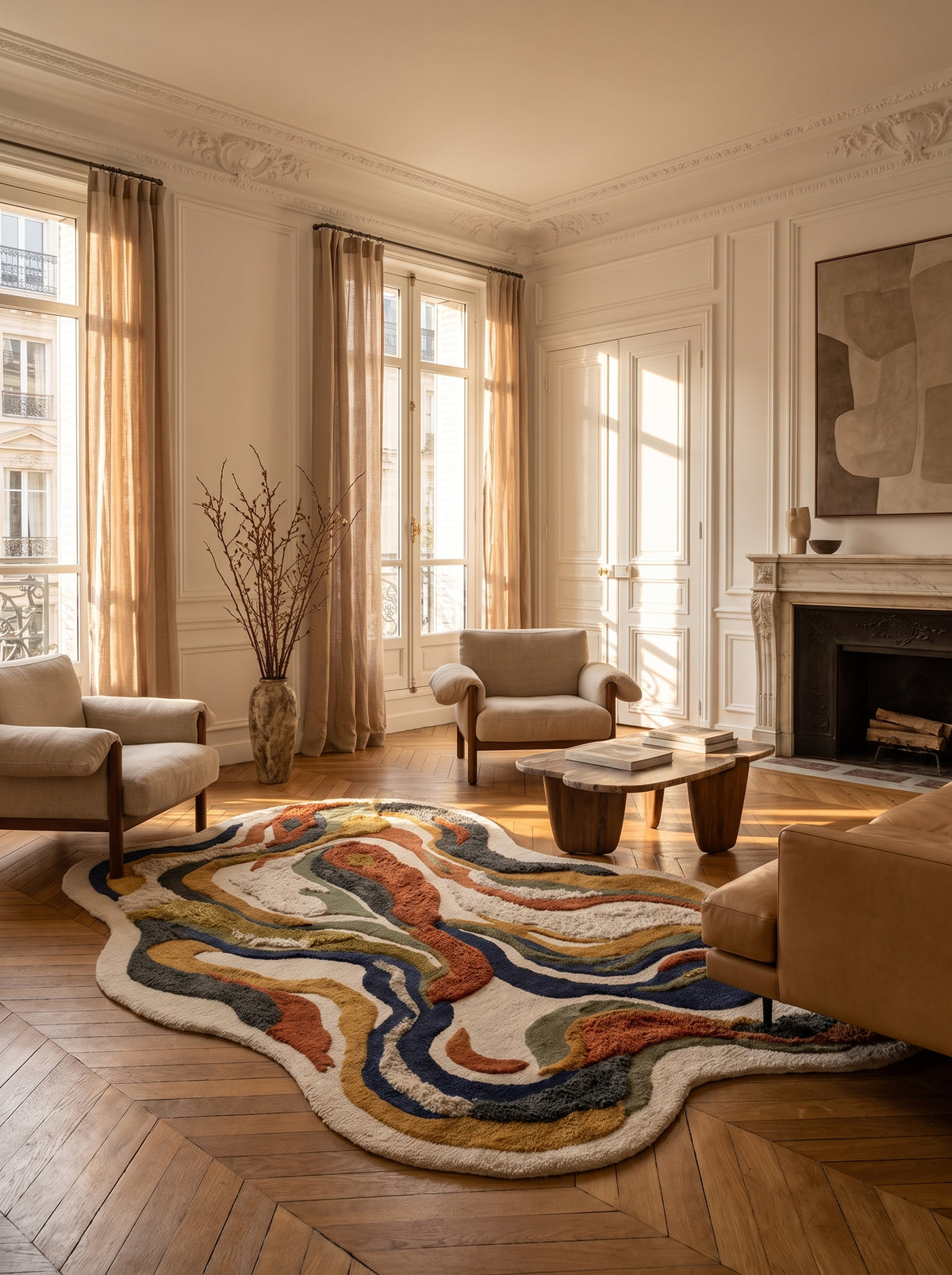 Des bandes sinueuses de laine et viscose multicolores au relief prononcé animent ce tapis organique, dans un salon