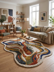 Ce tapis organique en laine et viscose présente des bandes sculptées multicolores en relief dans un salon