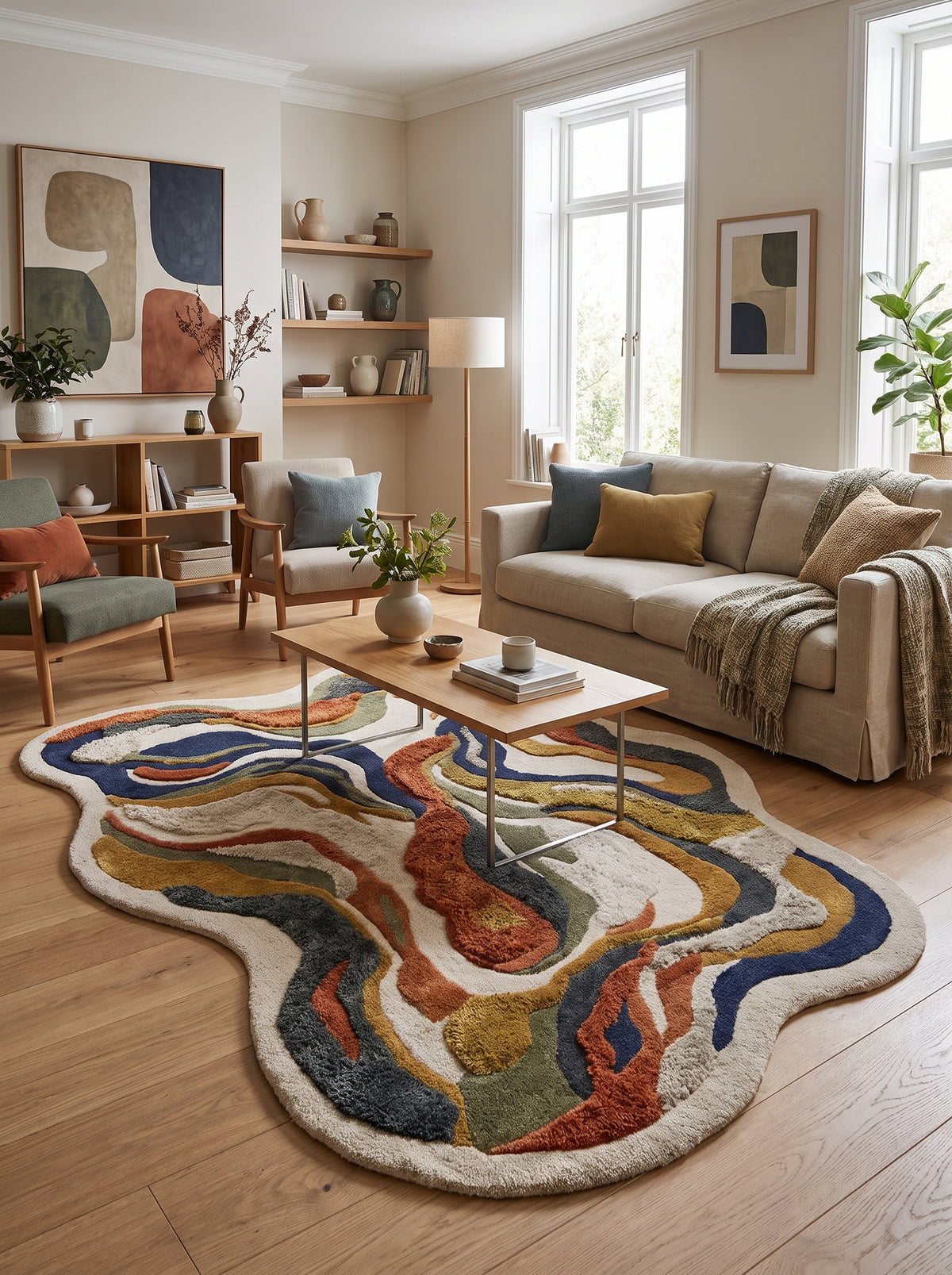 Ce tapis organique en laine et viscose présente des bandes sculptées multicolores en relief dans un salon