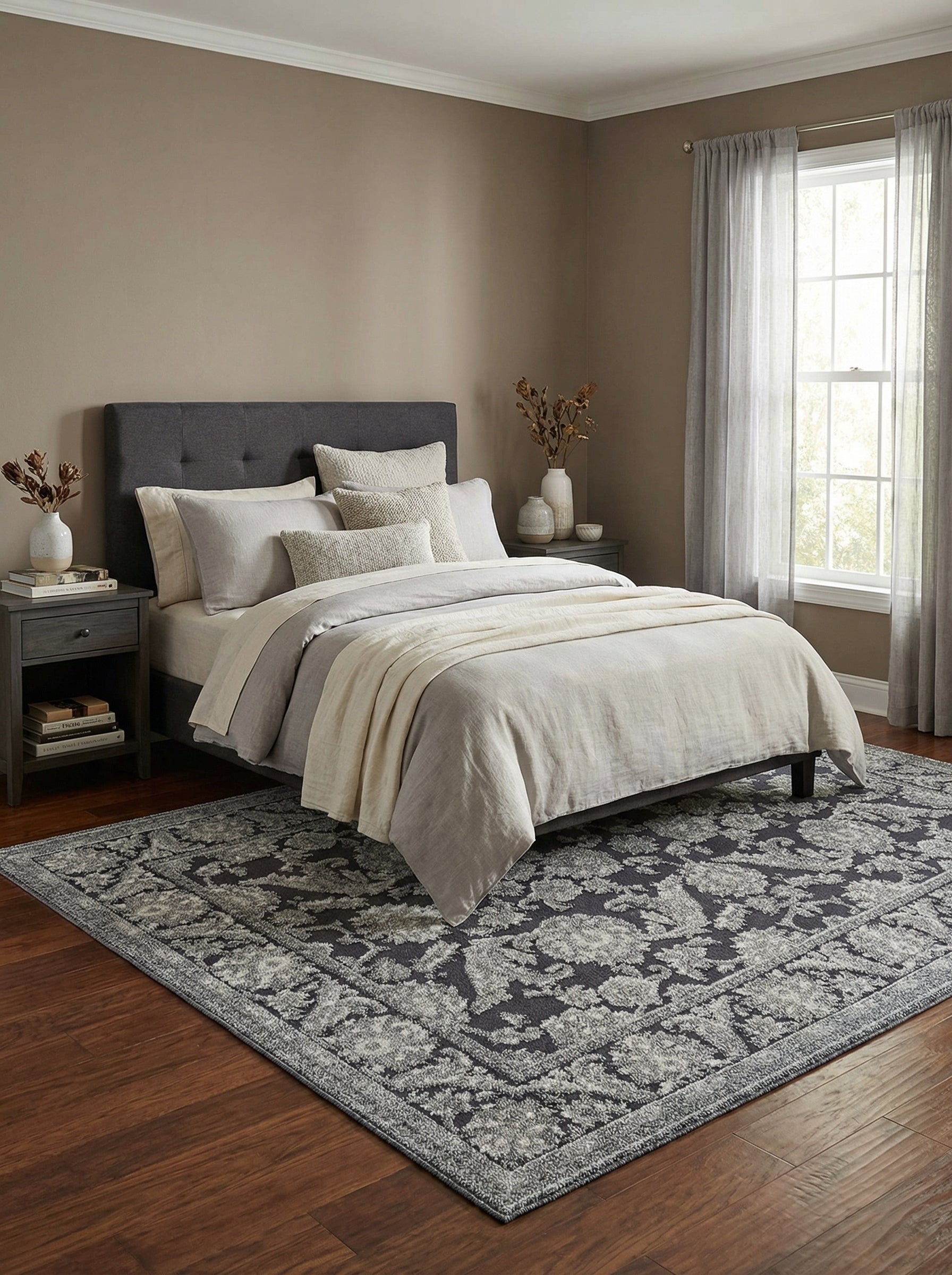 Tapis rectangulaire gris foncé à motifs floraux ornementaux gris clair et bordure détaillée. Il est posé dans une chambre