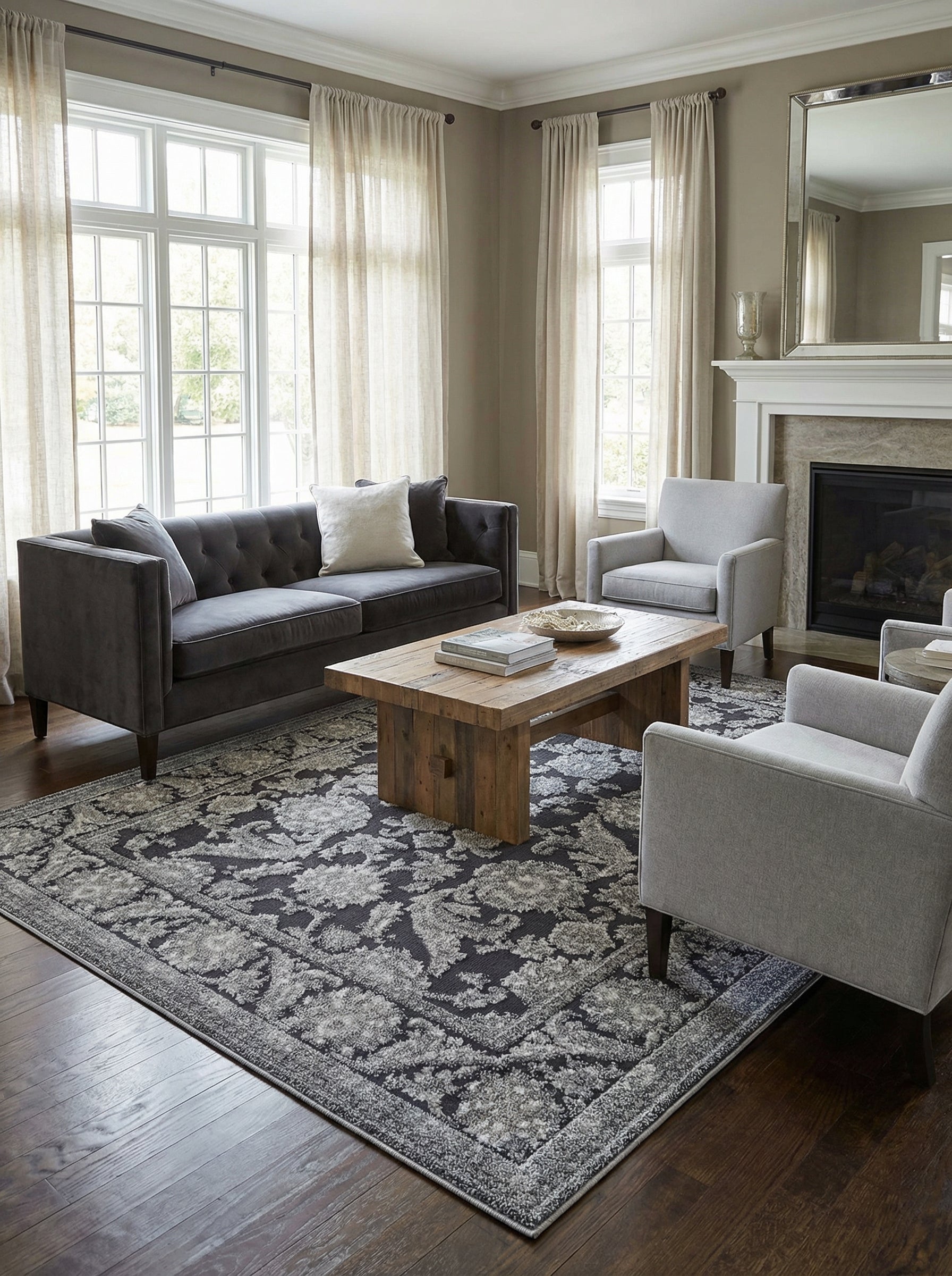 Tapis rectangulaire gris foncé aux motifs floraux ornementaux gris clair et bordure texturée, au centre d'un salon