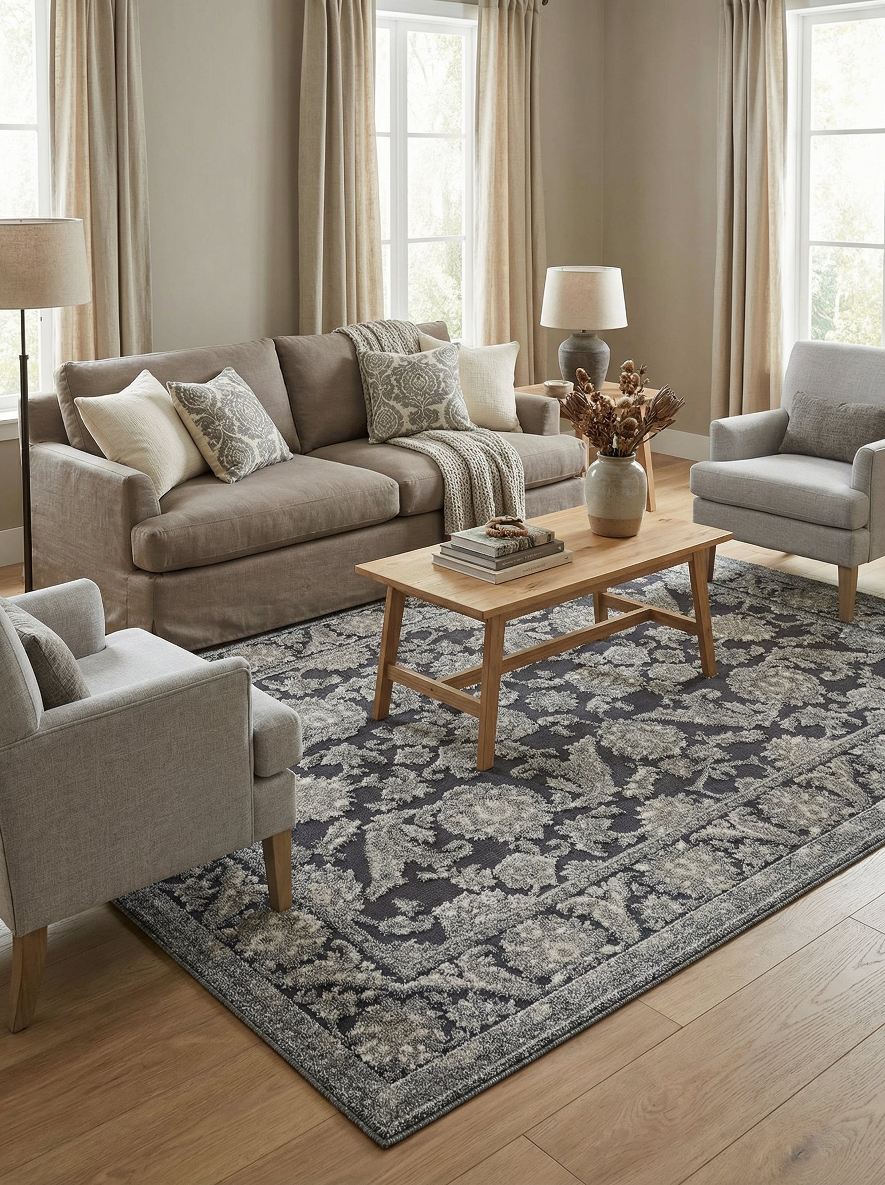 Tapis rectangulaire à fond gris anthracite et motifs floraux ornementaux gris clair texturés, dans un salon