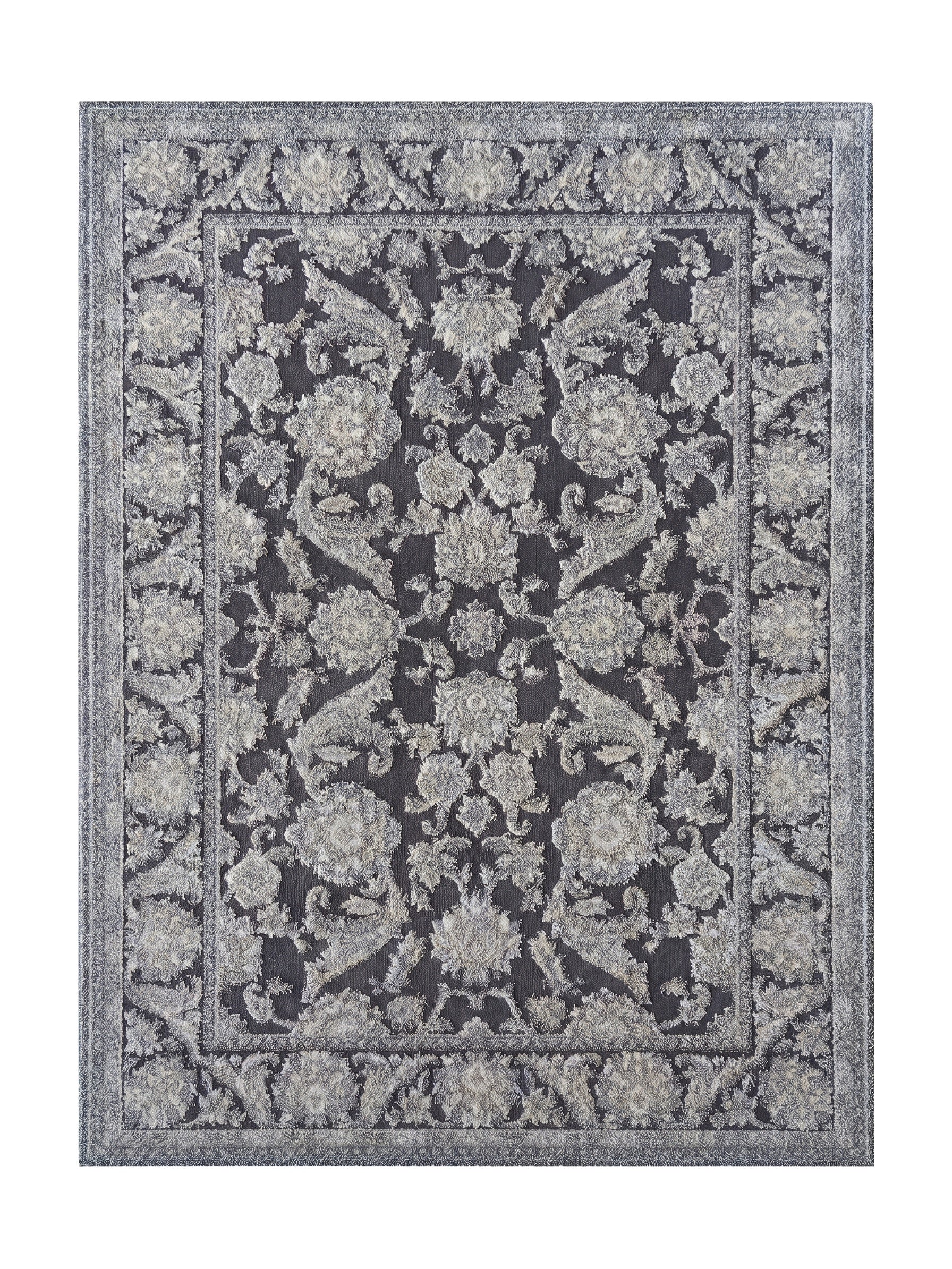 Tapis rectangulaire gris charbon avec des motifs floraux et ornementaux argentés, doté d'une texture douce