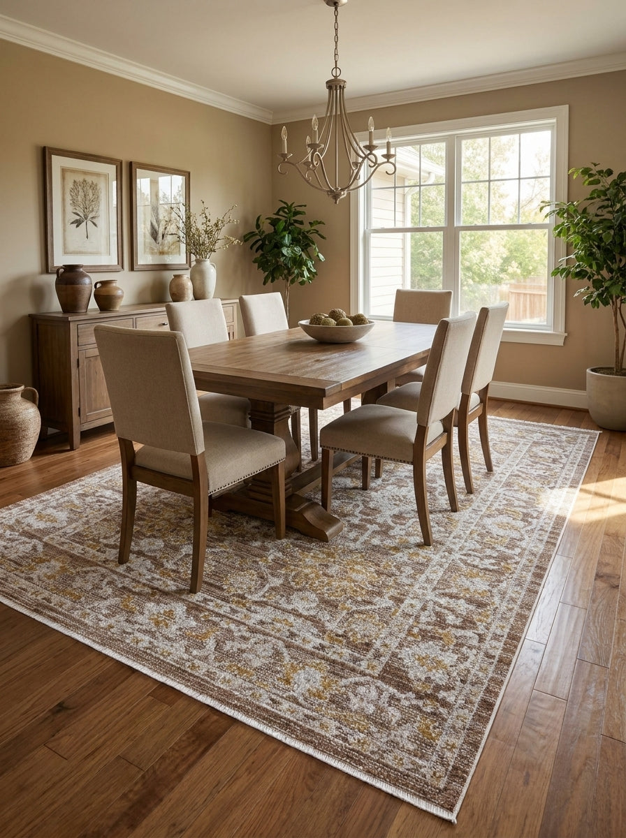 Tapis aux motifs traditionnels marron, beige et doré sous une table à manger dans une salle à manger