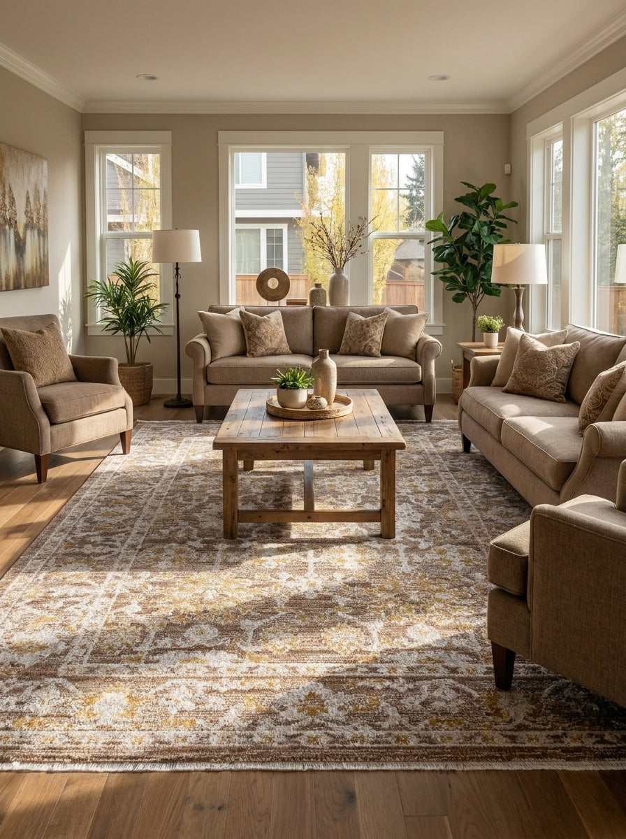 Tapis rectangulaire aux motifs floraux stylisés crème, dorés et marron clair, avec un aspect vintage dans un salon