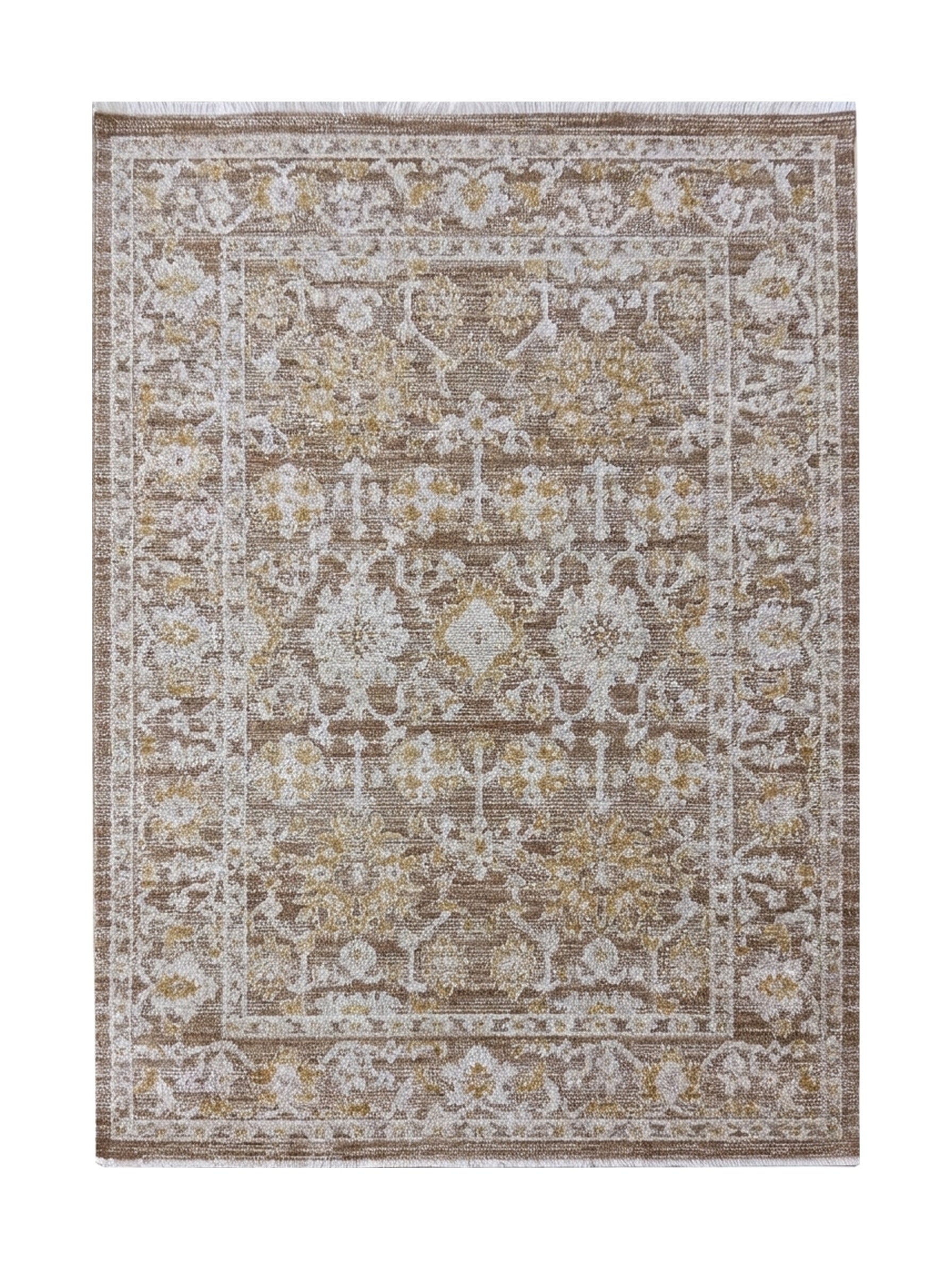 Tapis rectangulaire aux motifs floraux et géométriques complexes dans des tons marron, crème et doré avec des franges fines