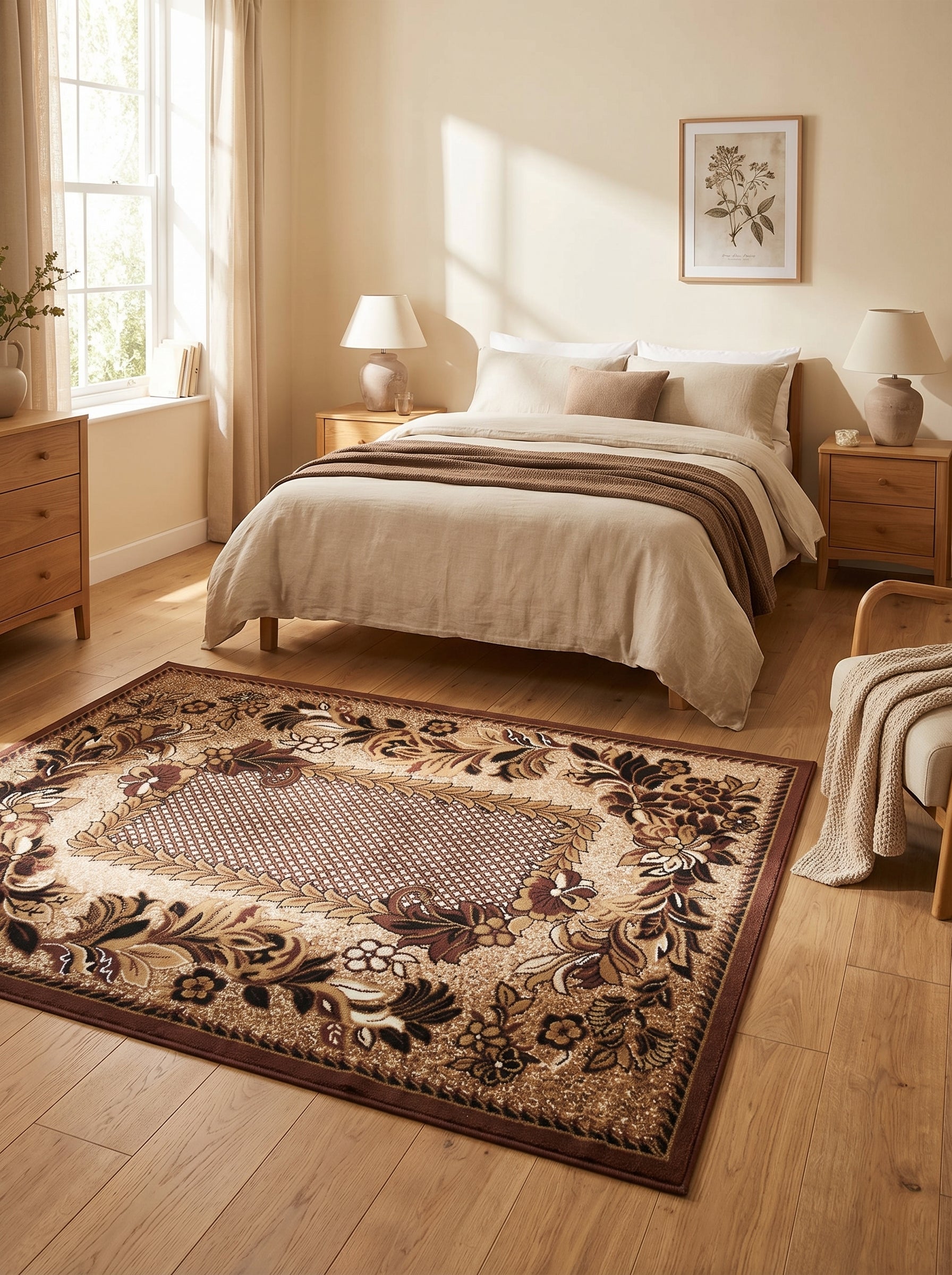 Tapis rectangulaire aux motifs floraux et géométriques en nuances de marron et beige, posé sur le plancher en bois d'une chambre à coucher