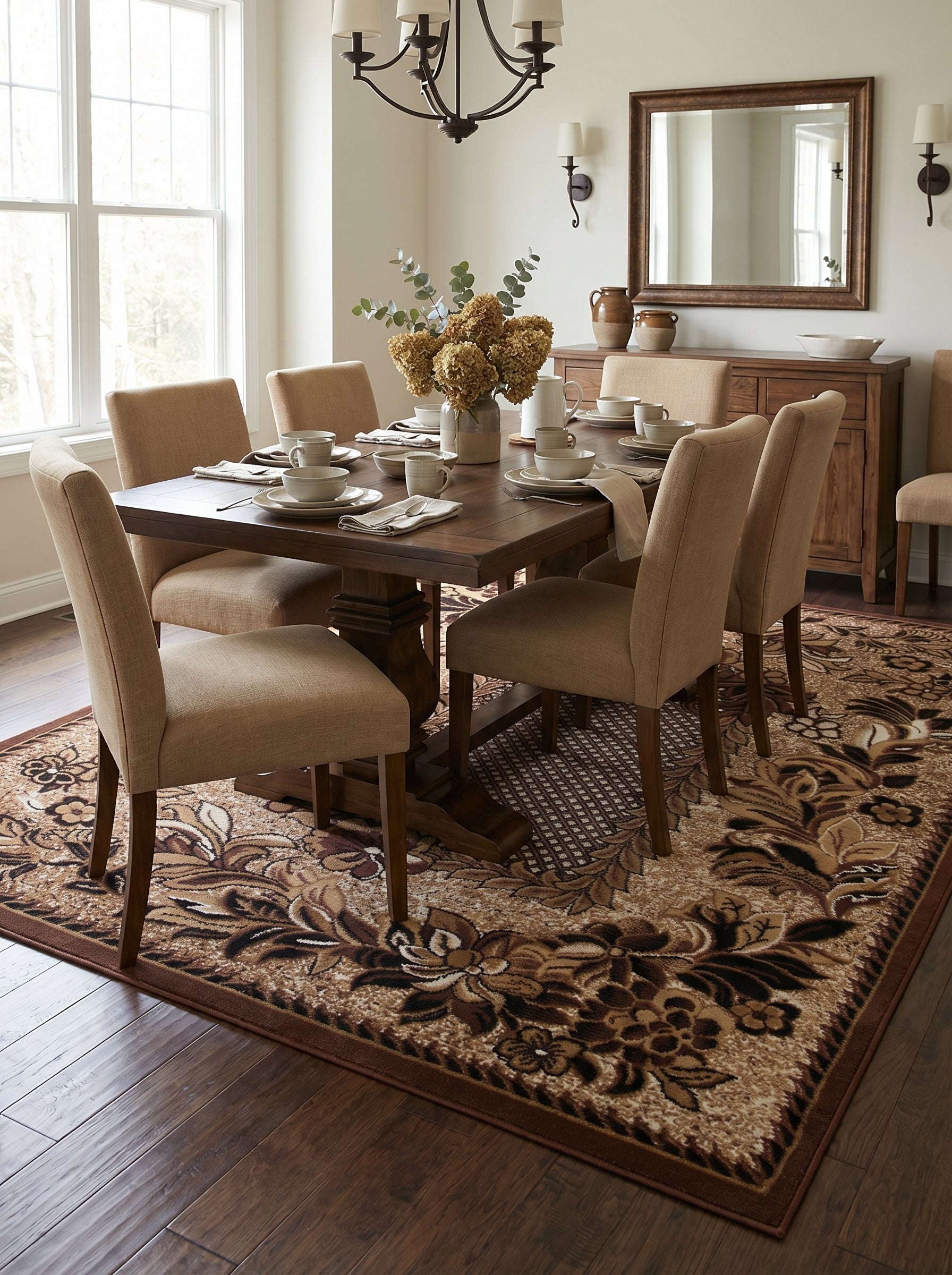 Tapis rectangulaire aux motifs floraux stylisés marron, beiges et noirs sur fond crème, posé dans une salle à manger élégante