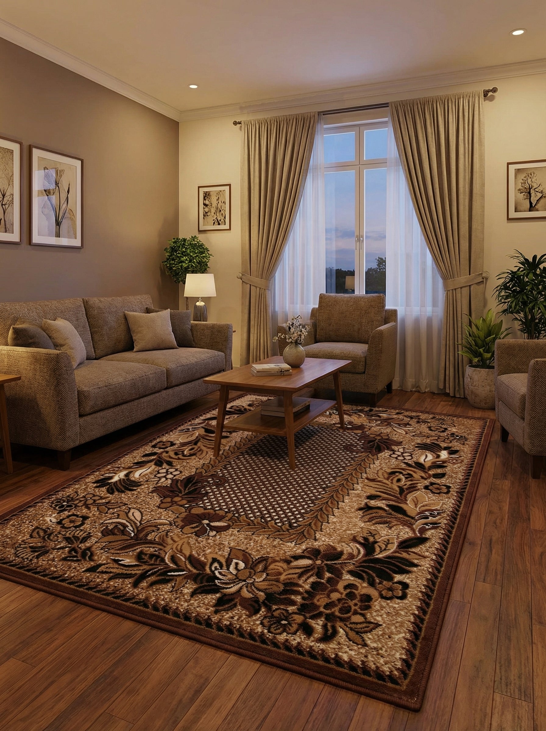 Tapis rectangulaire aux motifs floraux et géométriques beige, marron clair et foncé, au centre d'un salon chaleureux