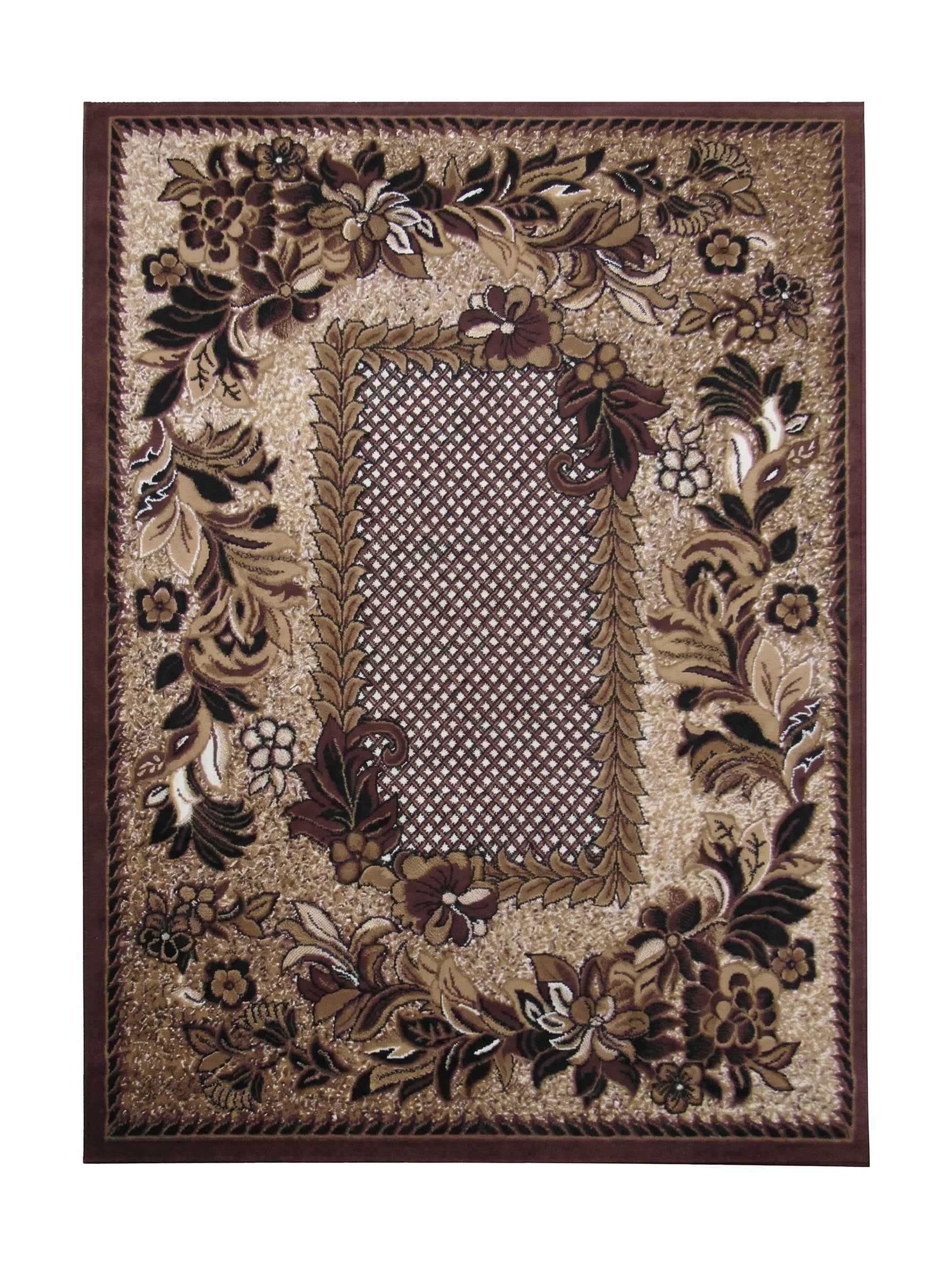 Tapis texturé marron et beige orné de motifs floraux détaillés encadrant un centre géométrique à petits carreaux
