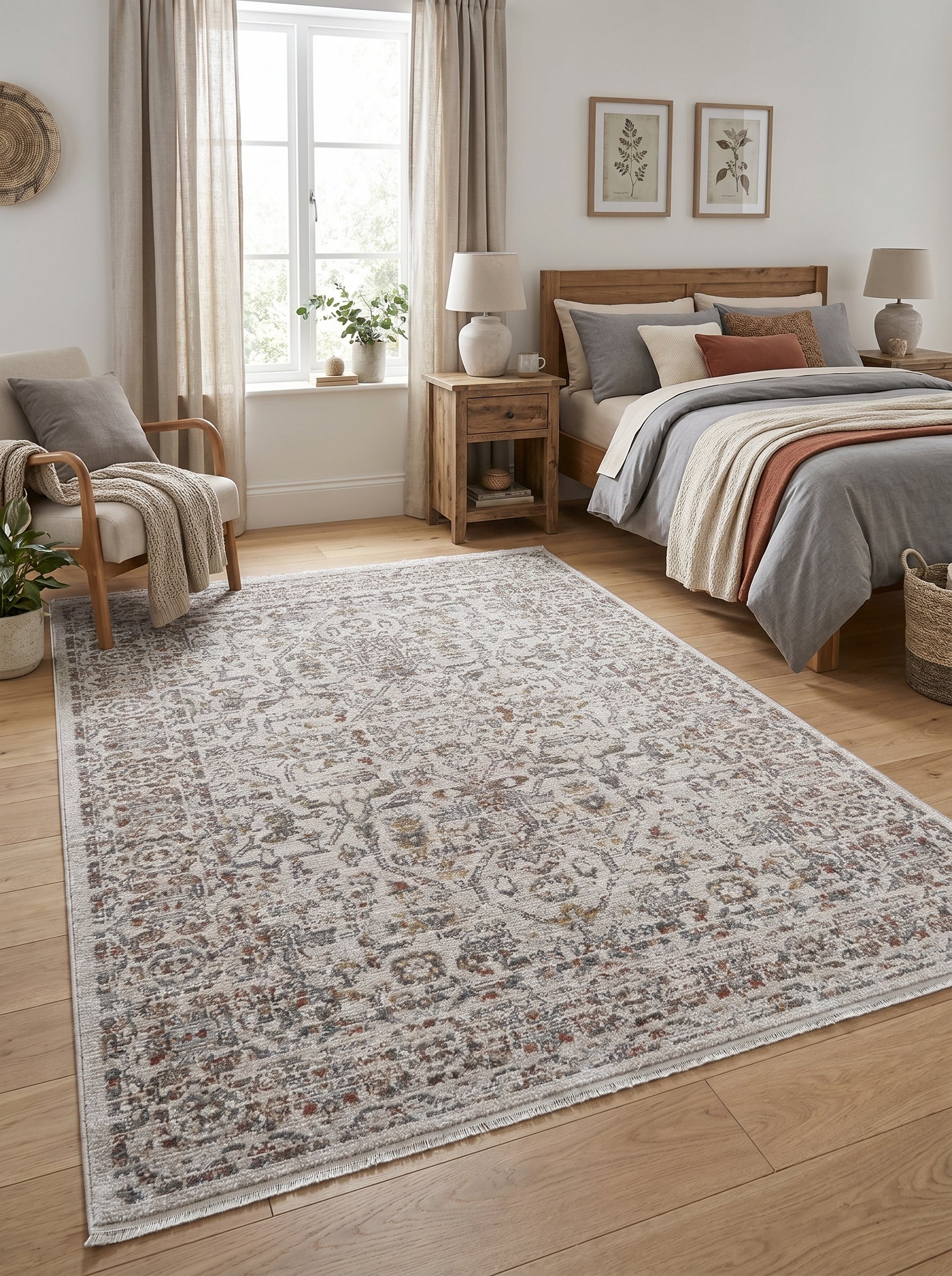 Tapis rectangulaire beige clair aux motifs floraux et géométriques gris, marron et rouille patinés, dans une chambre
