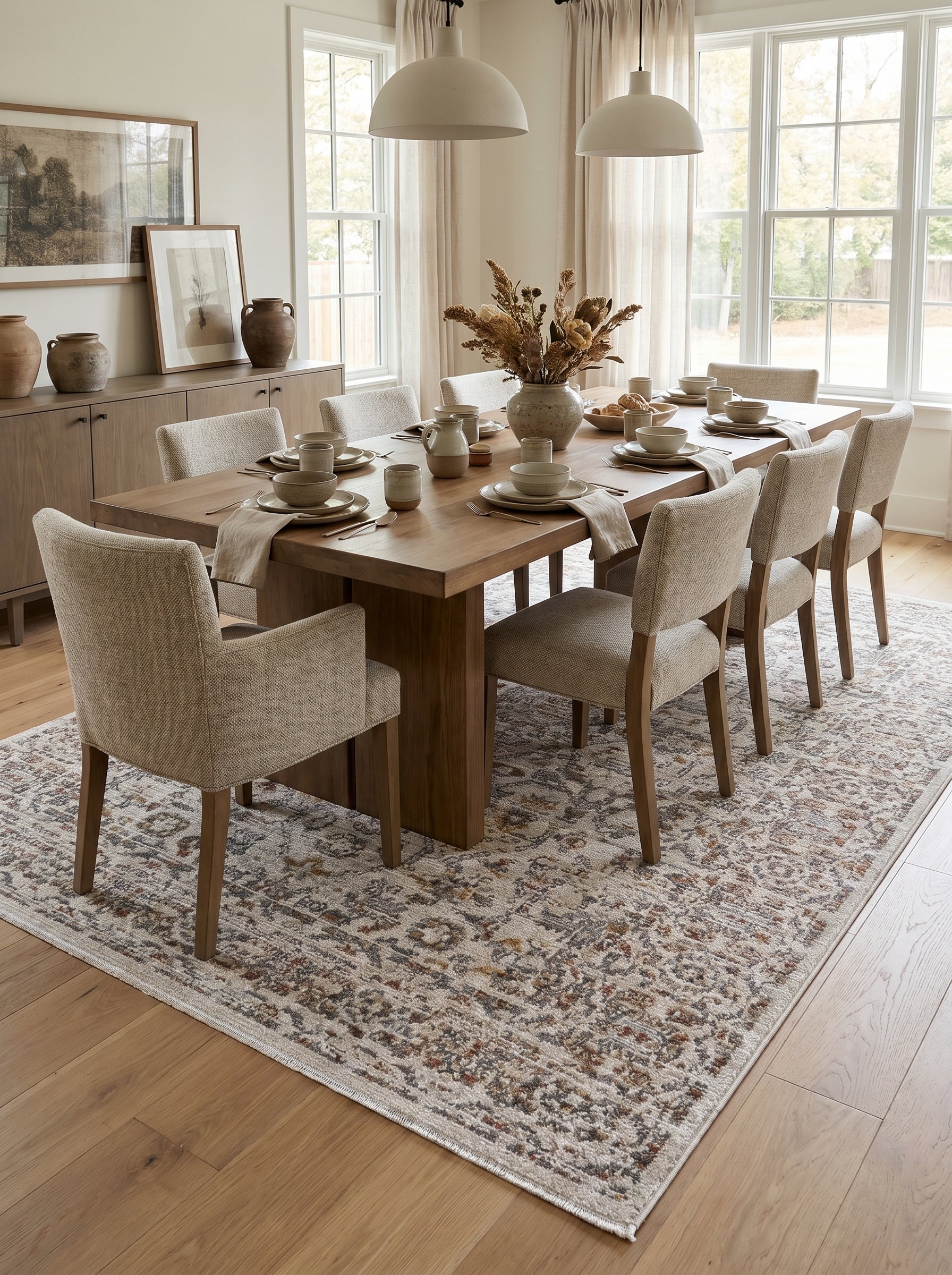 Tapis floral et géométrique beige clair, gris, ocre et rouille, sous une table en bois