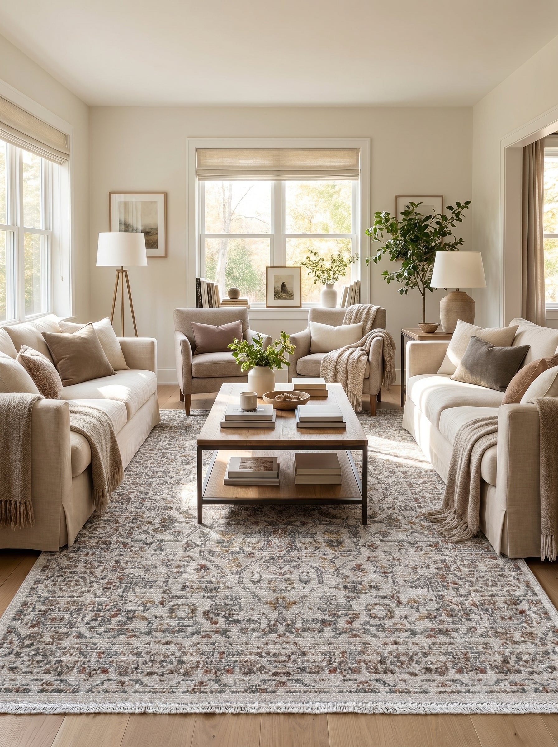 Tapis à motifs floraux et médaillons complexes aux teintes crème, gris, terracotta et ocre vieilli, dans un salon lumineux