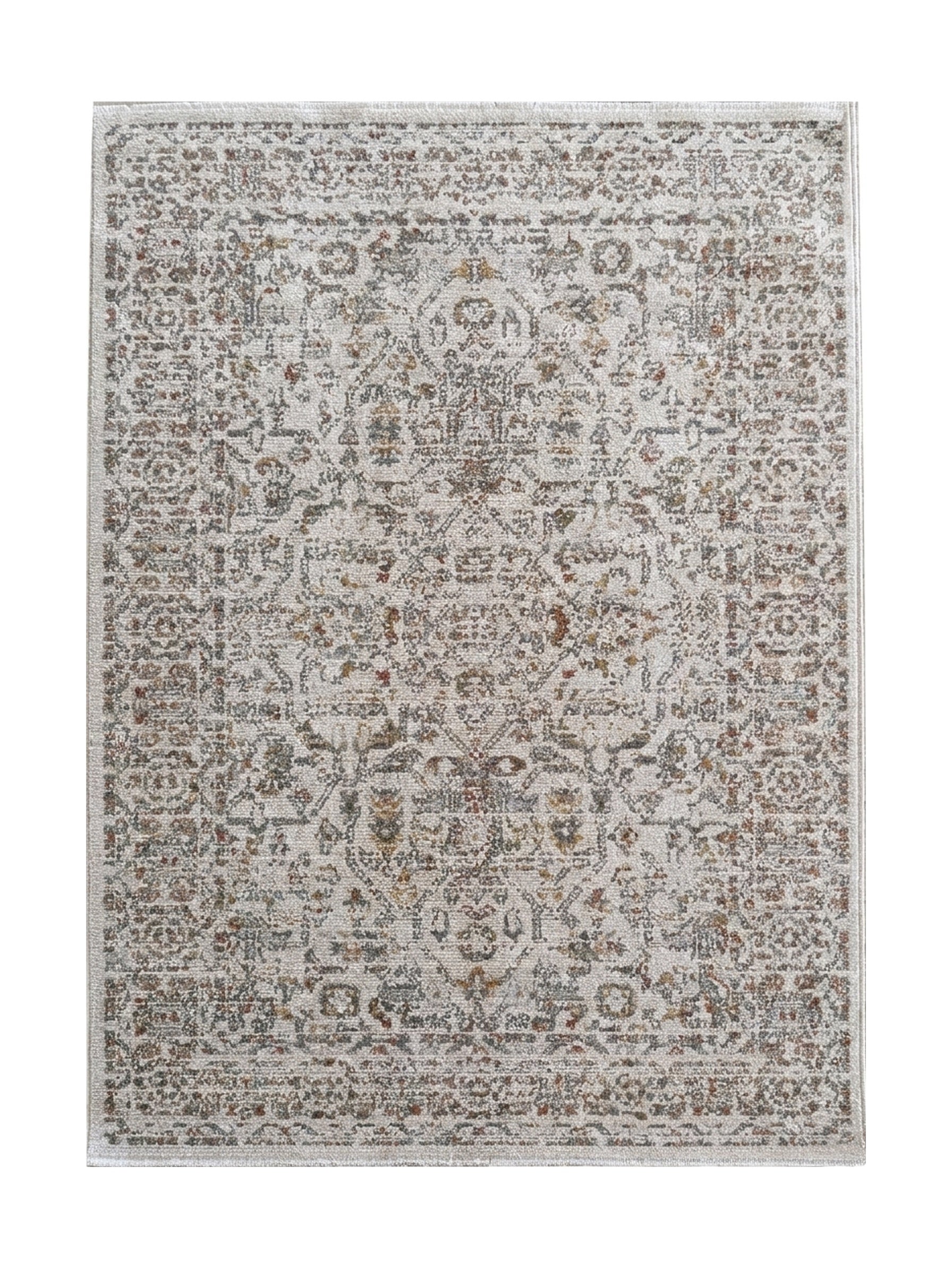 Tapis aux motifs floraux et géométriques délavés, beige, gris-brun, rouille, ocre sur fond clair texturé