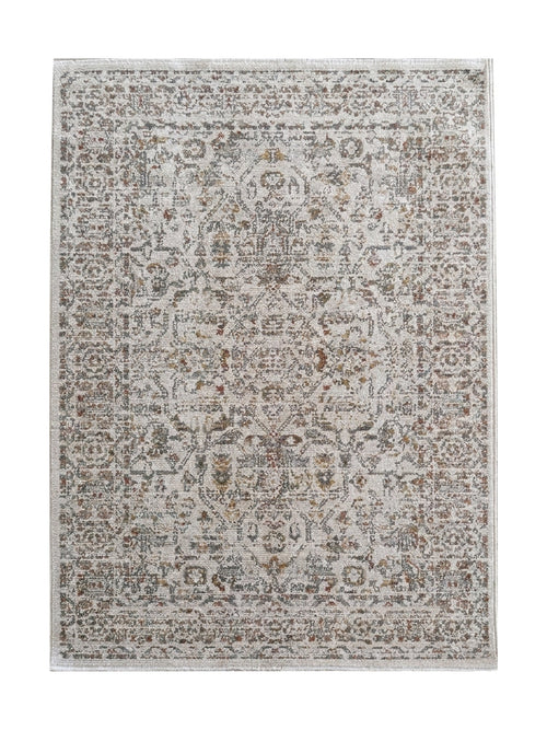 Tapis aux motifs floraux et géométriques délavés, beige, gris-brun, rouille, ocre sur fond clair texturé