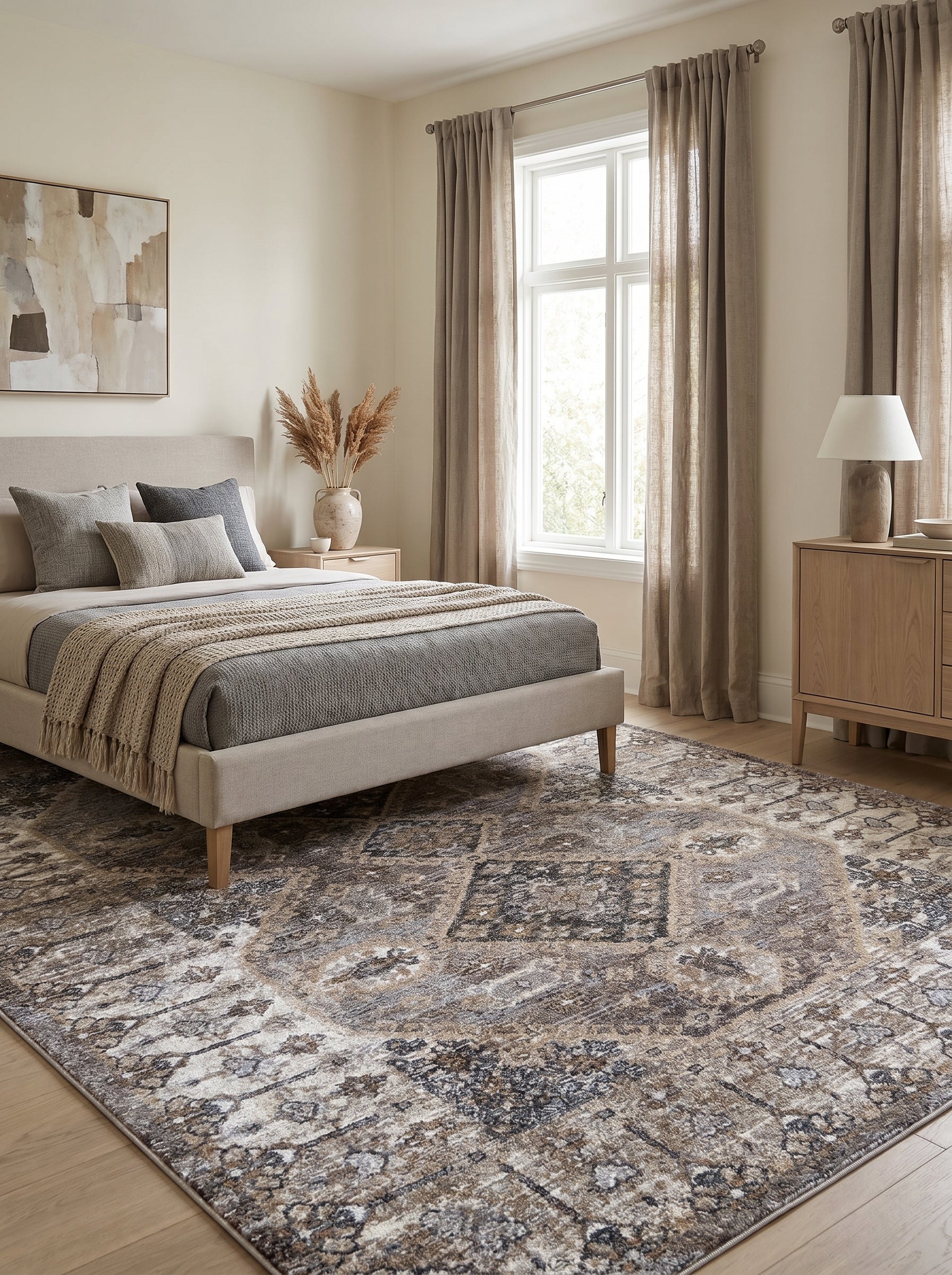 Tapis à motifs abstraits et délavés marron, gris, blanc cassé sur parquet de chambre