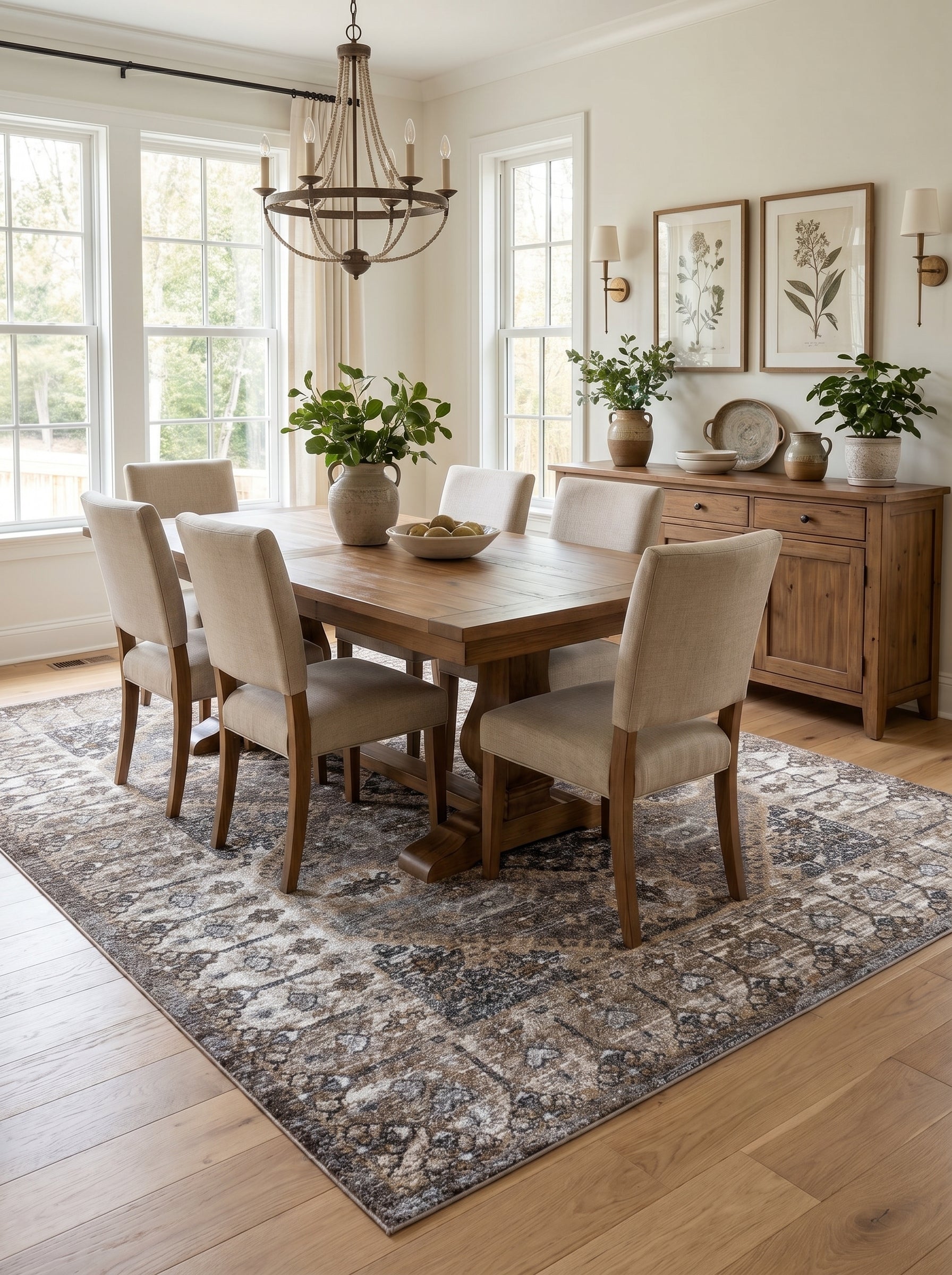 Tapis rectangulaire aux motifs traditionnels vieillis en marron, beige et gris, posé sous une table de salle à manger