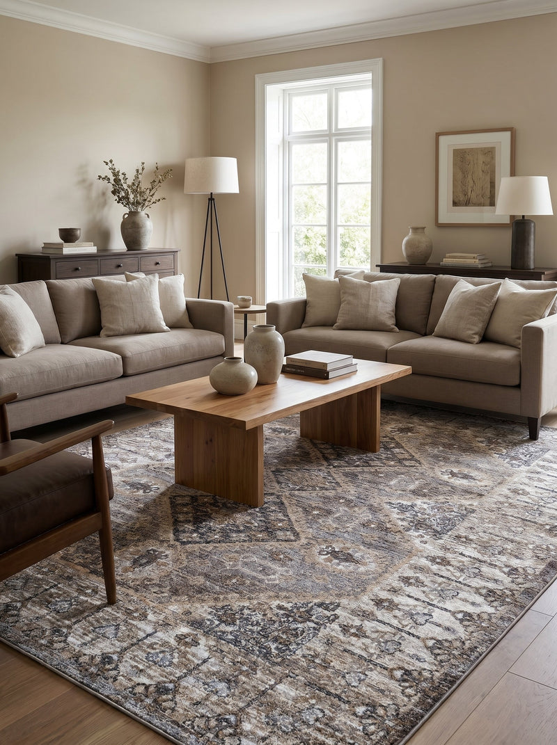 Rectangular rug with faded abstract patterns in shades of grey, brown and beige, on the light wooden flooring of a living room