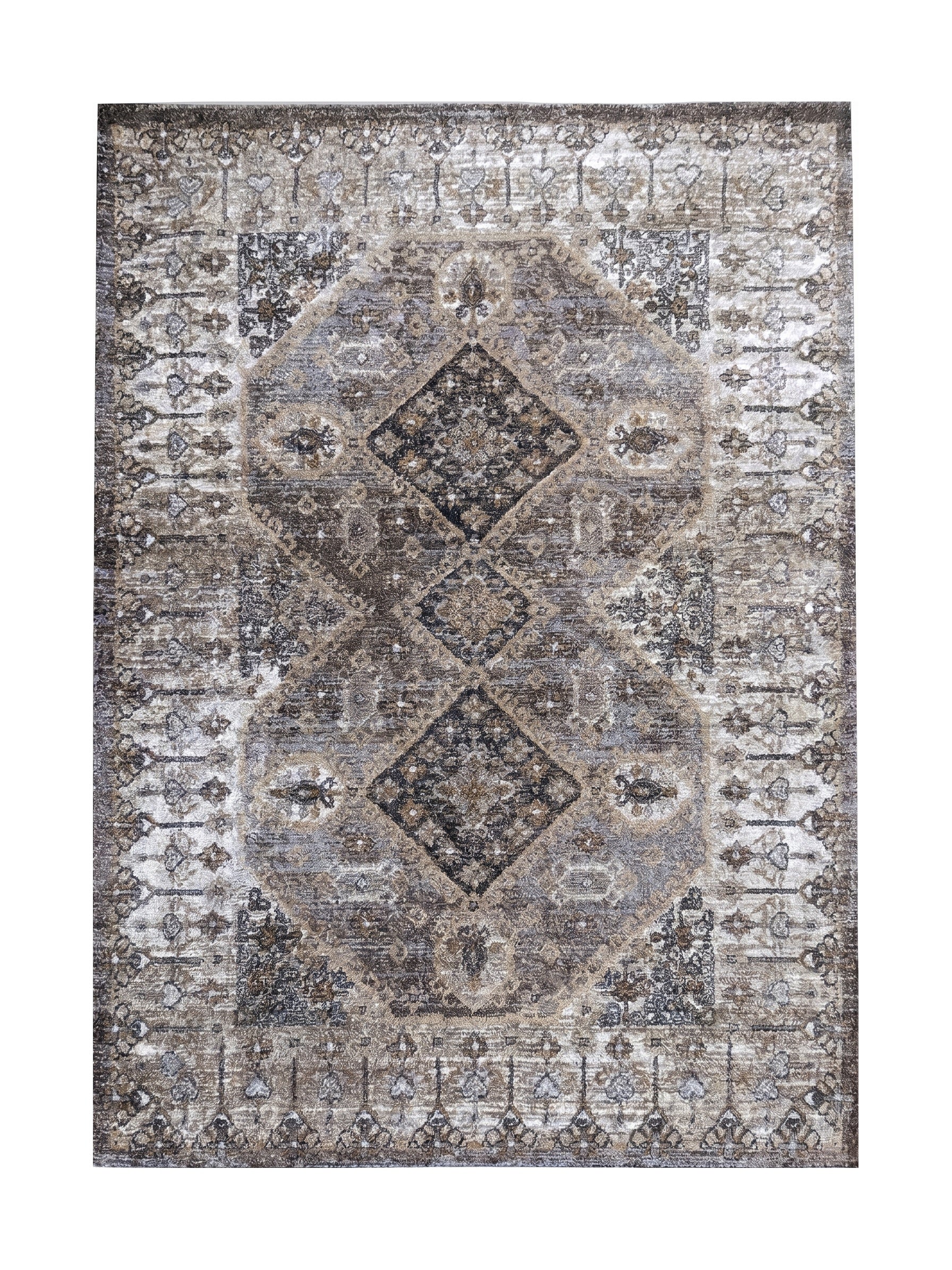 Tapis rectangulaire vieilli avec médaillon central et bordures détaillées gris, marron et beige