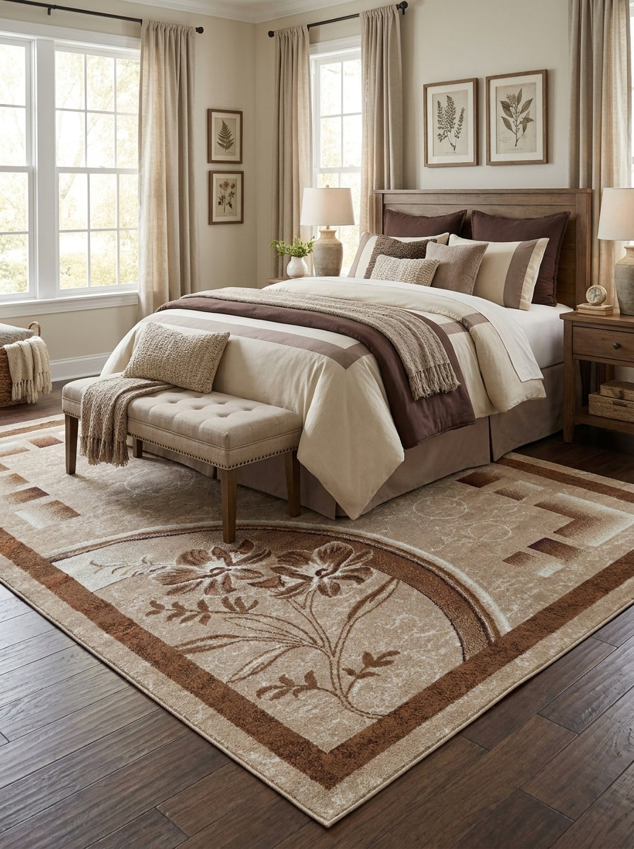 Tapis rectangulaire beige et marron à motif floral central, bordures courbes et formes géométriques, dans une chambre