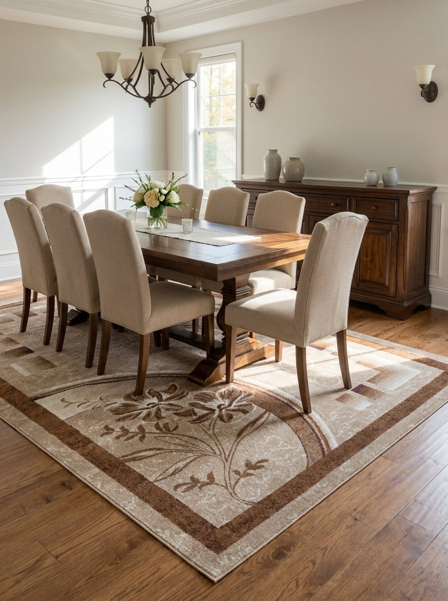 Tapis rectangulaire beige et marron à motif floral central et bordure géométrique en salle à manger
