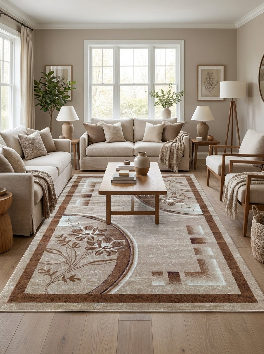 Tapis rectangulaire beige clair et marron avec motifs floraux stylisés et géométriques, au centre d'un salon