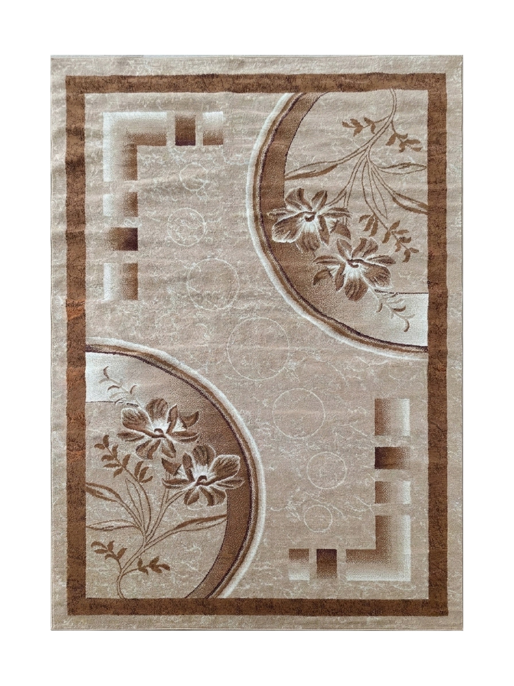 Tapis rectangulaire beige et marron avec un motif de fleurs, de feuilles et des formes géométriques
