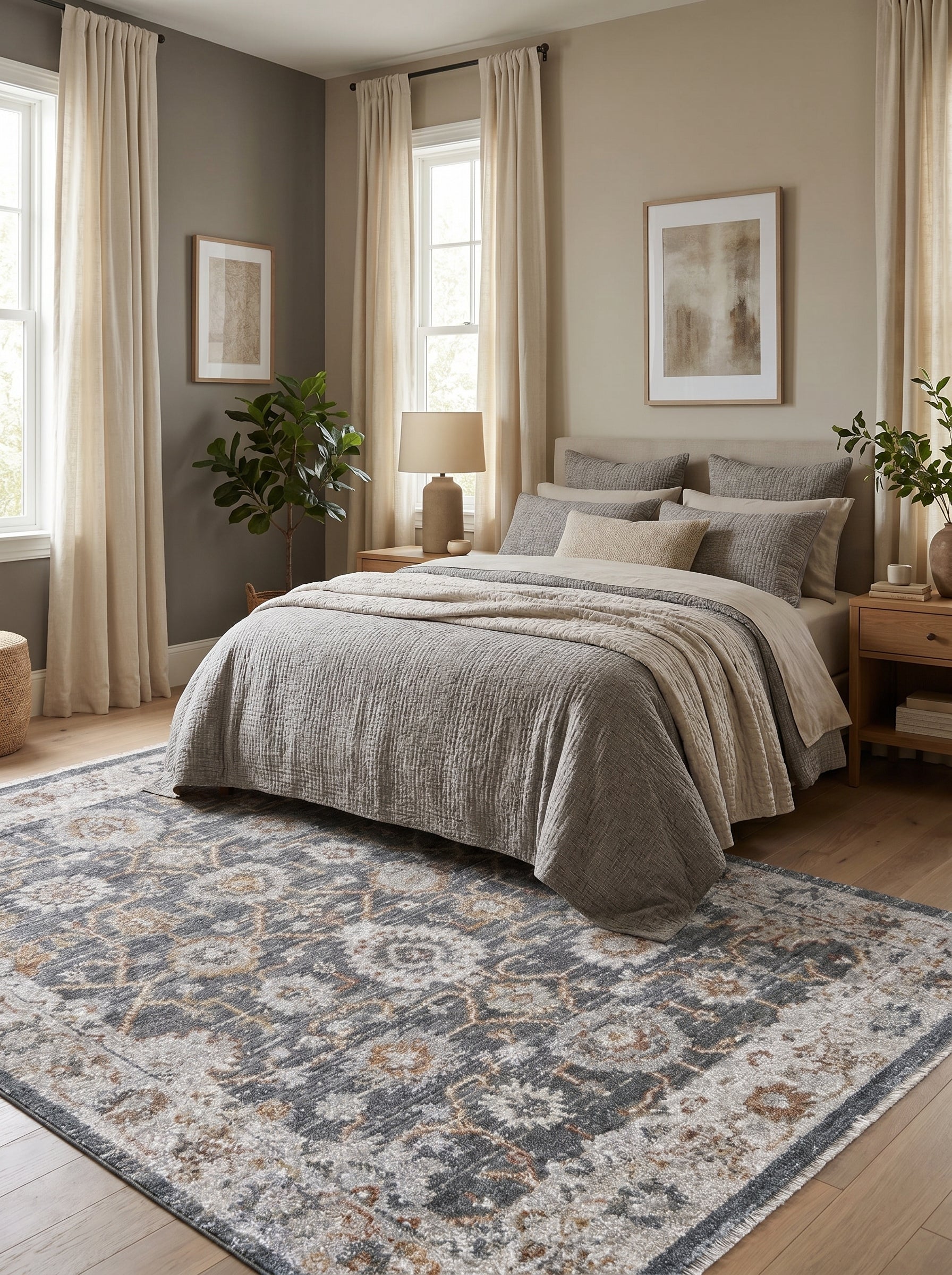 Tapis rectangulaire aux motifs floraux gris, crème et ocre à l'aspect vieilli, posé sur un parquet dans une chambre
