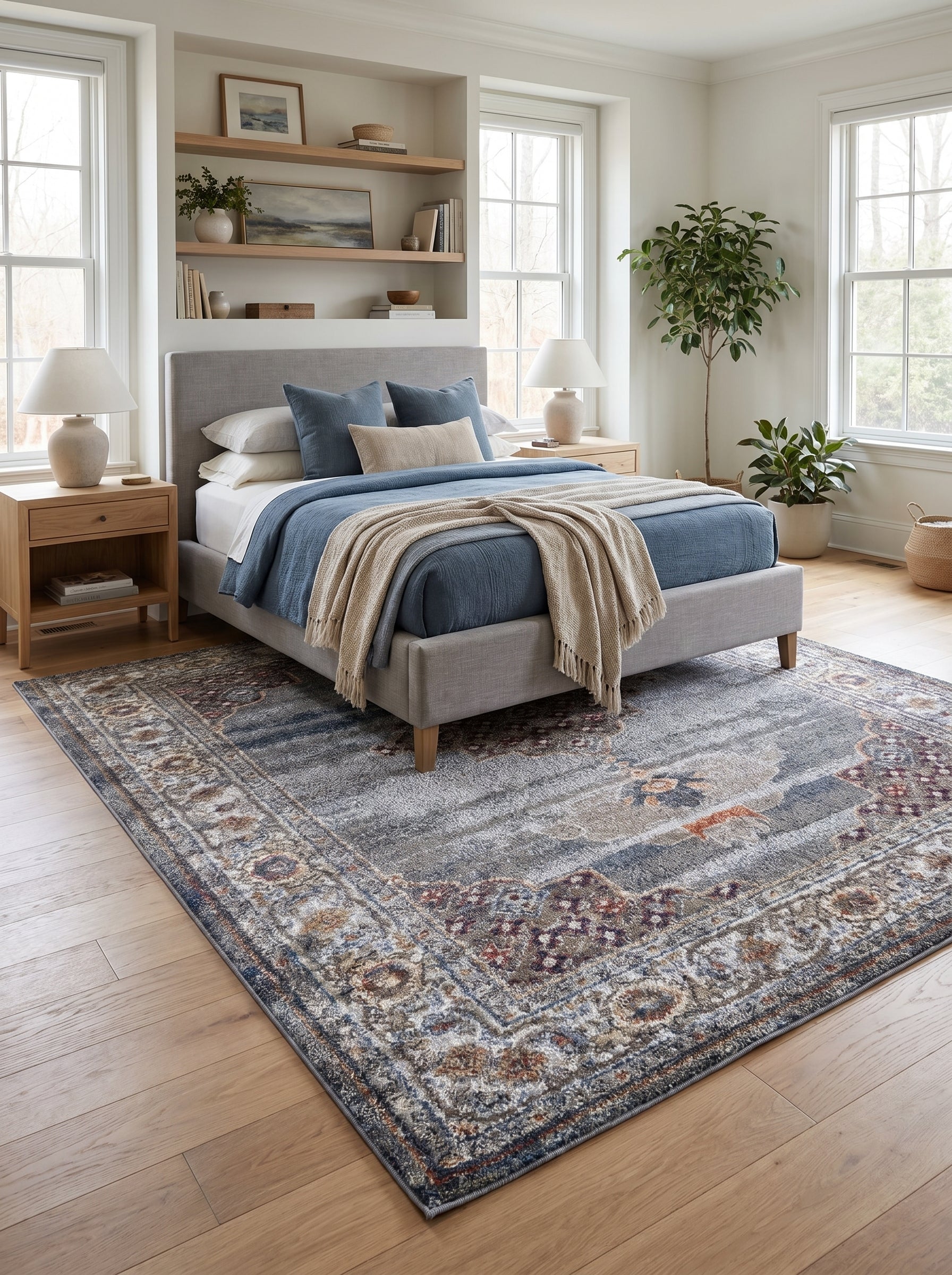 Tapis floral et à médaillons gris-bleu délavé, beige, rouille, bordeaux en chambre