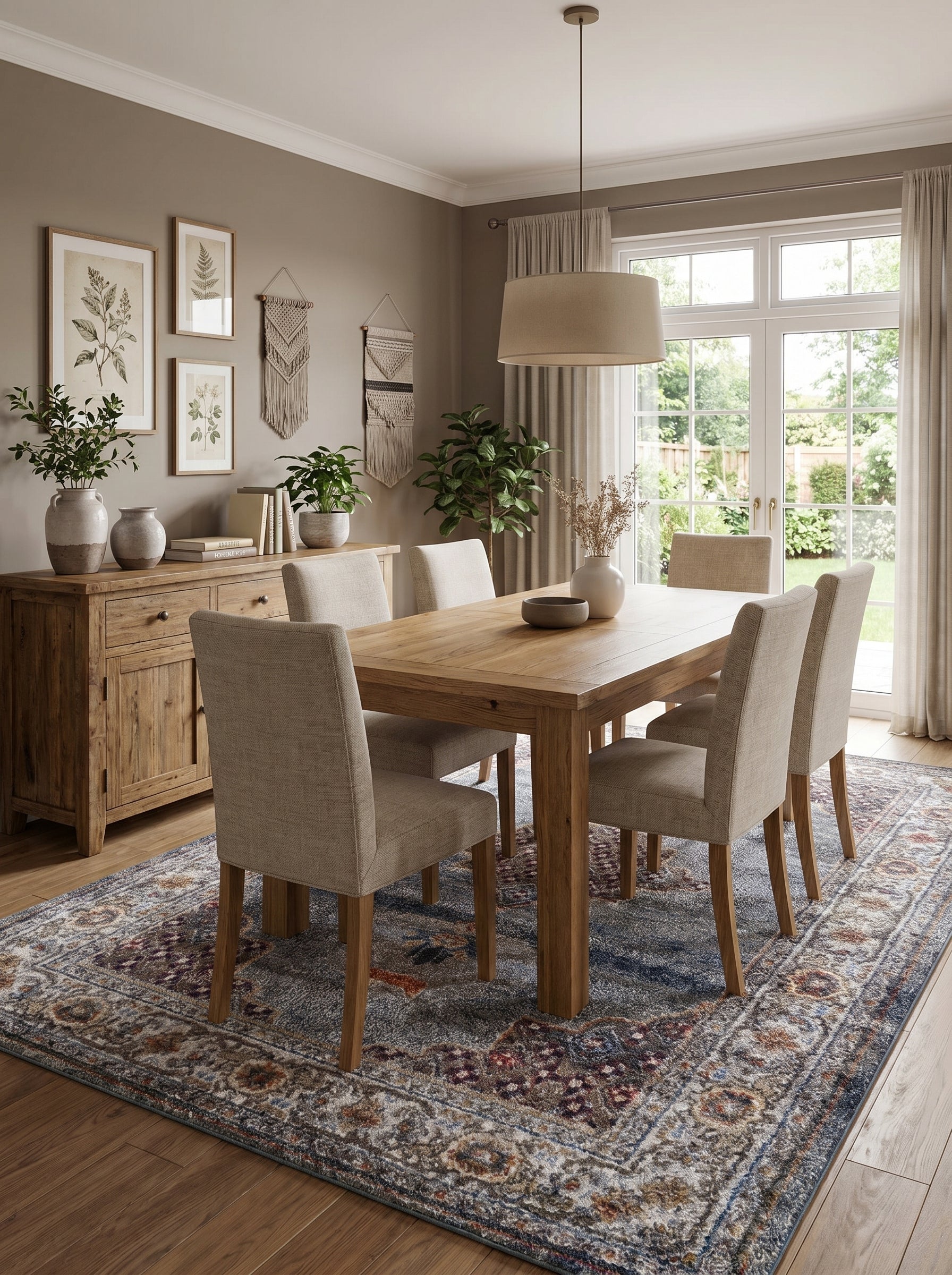 Tapis rectangulaire aux motifs orientaux bleu-gris, crème, bordeaux et ocre sur parquet, en salle à manger