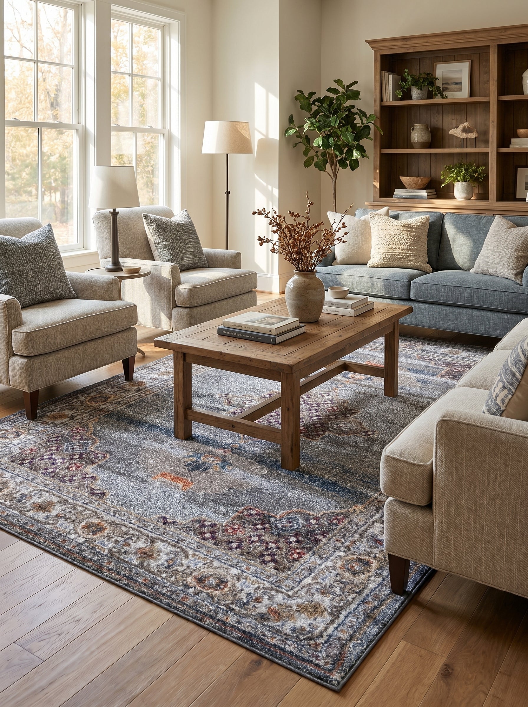 Tapis rectangulaire gris-bleu à motifs floraux orientaux délavés bordeaux et ocre, sur un parquet dans un salon