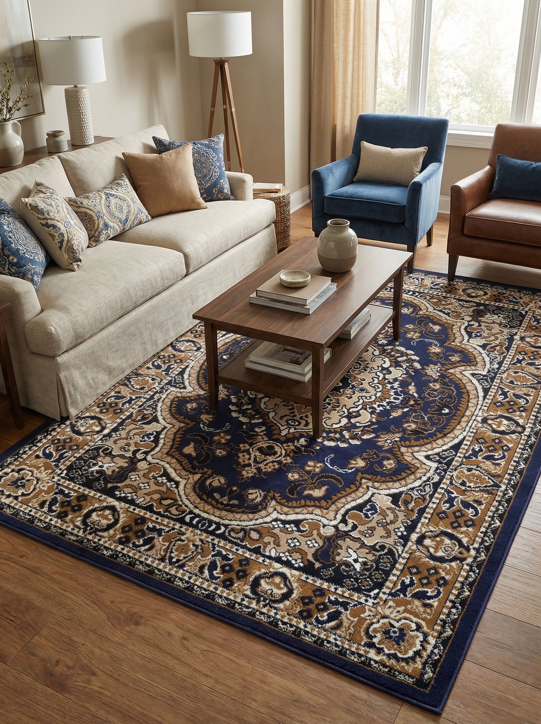 Tapis rectangulaire bleu marine aux motifs ornementaux traditionnels beiges, marron et crème, sur parquet clair dans un salon
