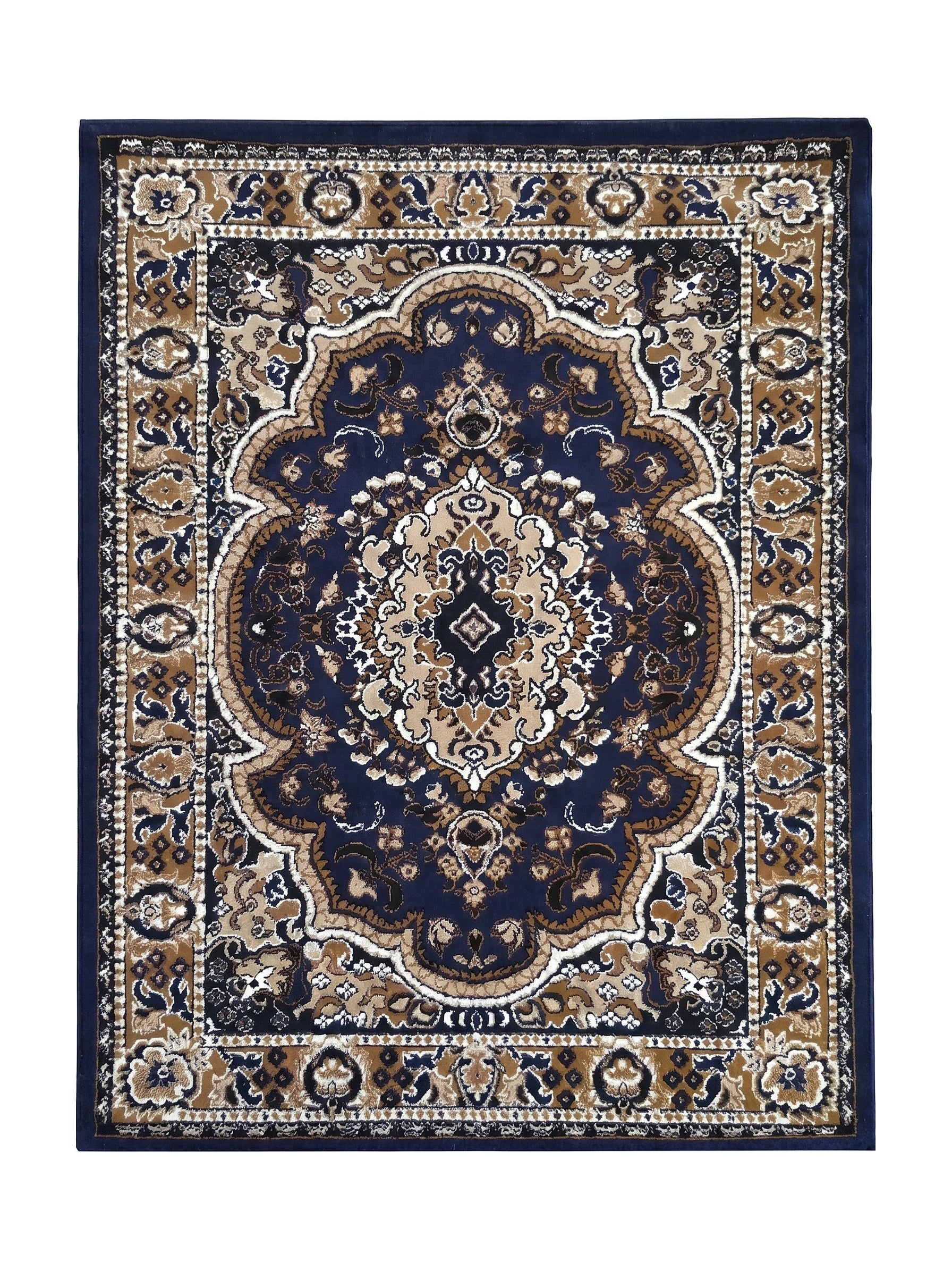 Tapis à motifs traditionnels ornementaux en bleu marine, beige, crème, marron et noir, avec un médaillon central détaillé