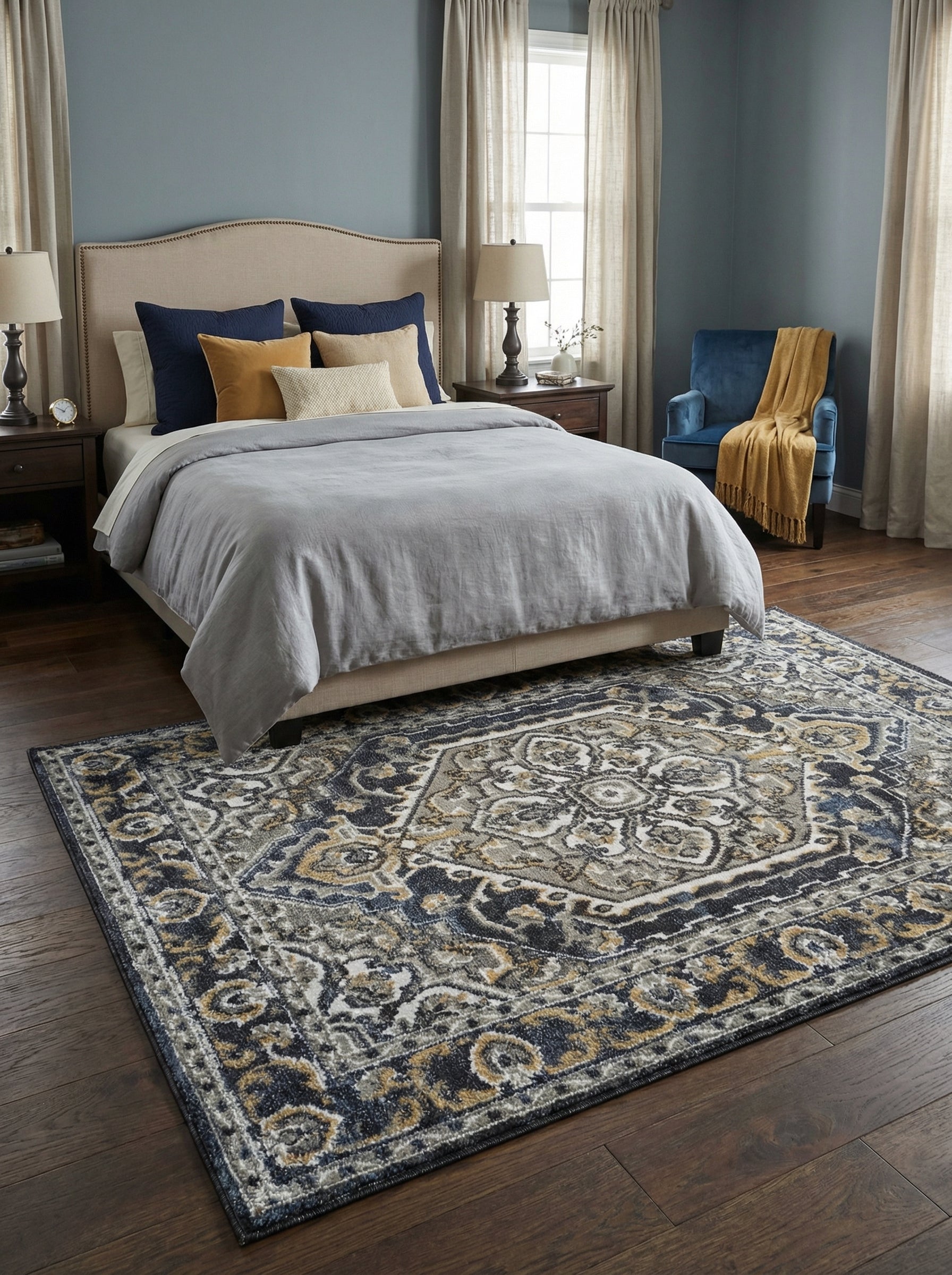 Grand tapis rectangulaire aux motifs médaillon traditionnels bleu foncé, gris et or, posé sur un parquet en bois dans une chambre